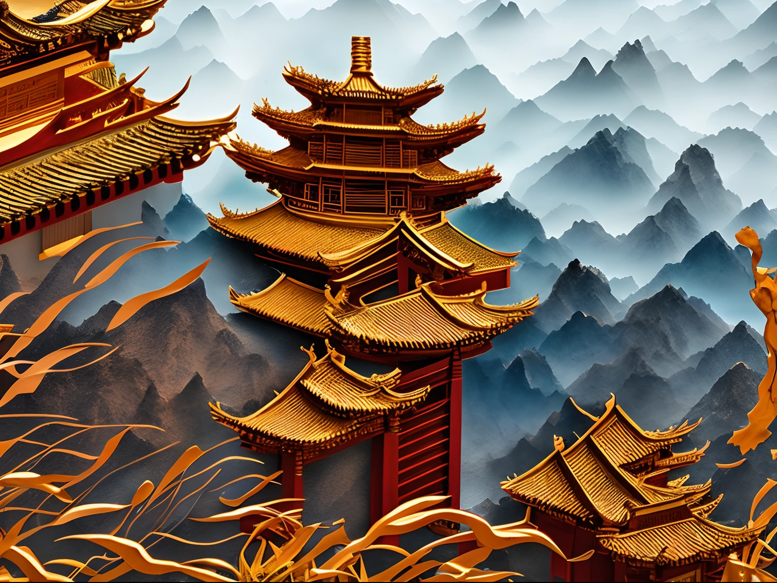 paper cut out,Chinese architecture,gardens,mountain water,Sea of Clouds,4K Ultra HD, 超高分辨率, (Photorealistic: 1.4), Best quality,Masterpiece