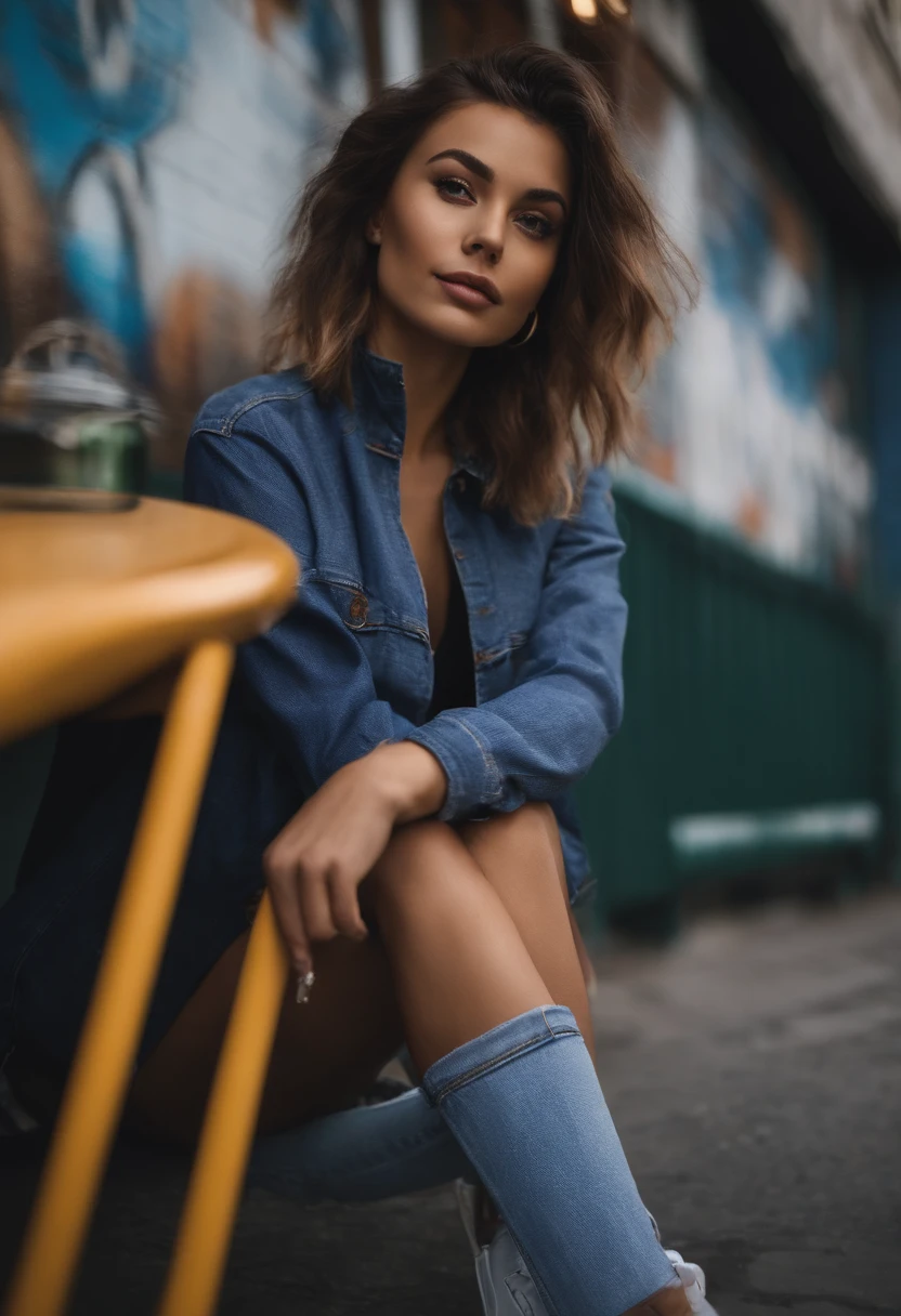 Arafed woman in urban casual attire, fille sexy aux yeux bleus, Portrait Sophie Mudd, cheveux bruns et grands yeux, Selfie of a young woman near graffiti, Yeux de chambre, Violet Myers, sans maquillage, light makeup, Watch the camera, Visage avec Artgram, Tenue streetwear, Photo in front of a café, assise sur un banc de rue.