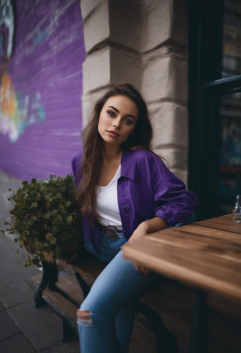 Arafed woman in urban casual attire, fille sexy aux yeux bleus, Portrait Sophie Mudd, cheveux bruns et grands yeux, Selfie of a young woman near graffiti, Yeux de chambre, Violet Myers, sans maquillage, light makeup, Watch the camera, Visage avec Artgram, Tenue streetwear, Photo in front of a café, assise sur un banc de rue.