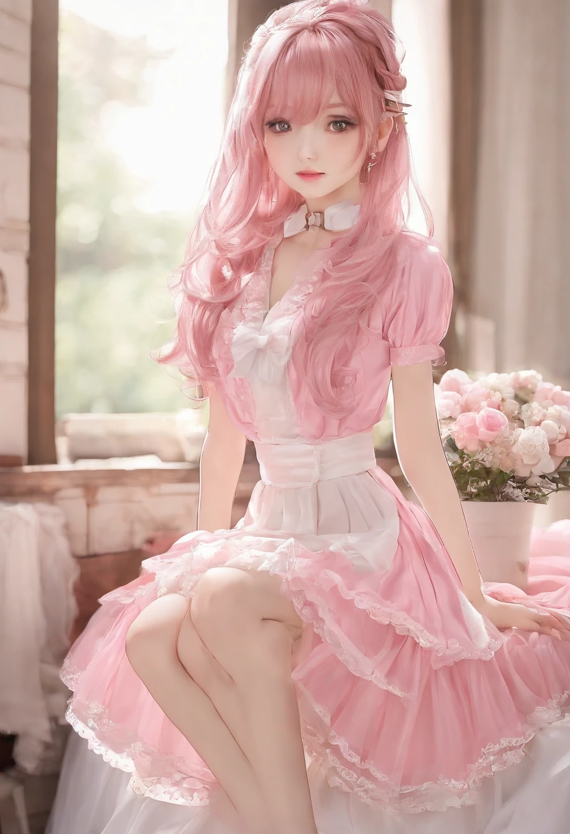 (tmasterpiece, top-quality, Ultra-detailed:1.3),1girll,(18 years old),(perfect anatomia),chinese style,A pink-haired,White background,ogle,photography of,Look to the lens,Bandeau,lacepantyhose,perfectly proportions