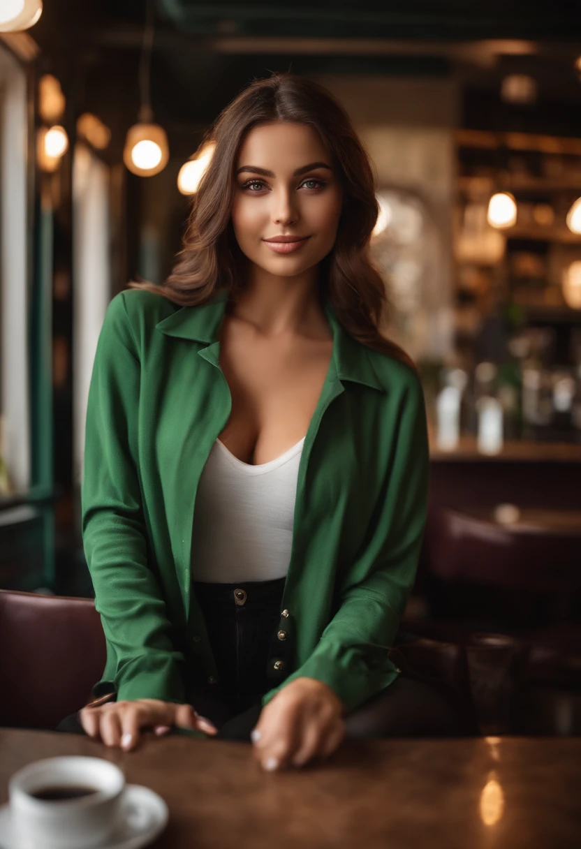 arafed woman with subtle smile in a coffee shop, sexy girl with green eyes, portrait sophie mudd, brown hair and large eyes, selfie of a young woman, bedroom eyes, violet myers, without makeup, natural makeup, looking directly at the camera, face with artgram, subtle makeup, stunning full body shot, piercing green eyes, beautiful angle, attractive pose, cute girl, sexy pose, full body picture, full body, full body shoot, brunette goddess, high detail, satisfied pose, street wear