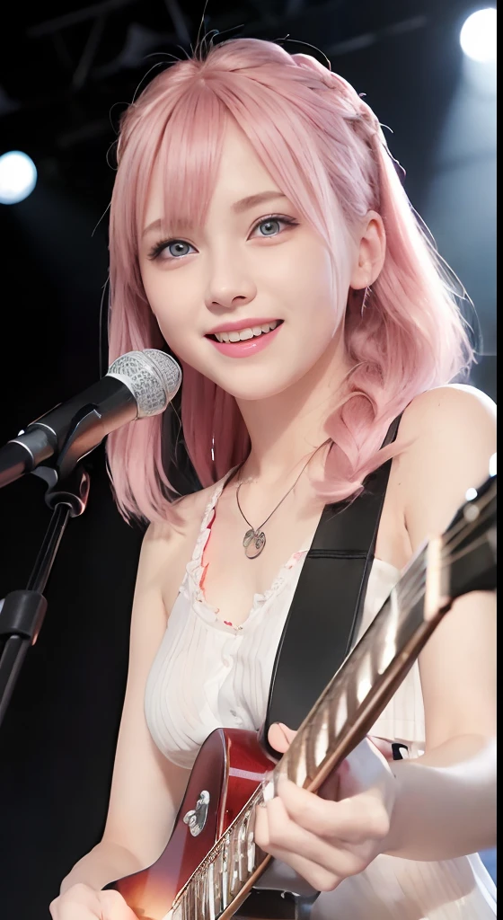 (ultra-detailliert), high-school uniform、Blue eyes,The upper part of the body、a closeup、faces、(A smile:1.5),(facing front:1.2),(masutepiece:1.3, Best Quality, Photorealistic, Ultra-detailed, Wallpaper), 1 beautiful girl, Band Group Vocals,  Holding an electric guitar and singing a song, Stand Microphone, Mouth open, Beautiful face, Detailed face, Beautiful eyes, Detailed eyes, Looks fun、Smiling, Necklace, Detailed guitar, (Straight guitar neck and 6 strings), Only 1 person,Pink Hair Medium Hair, (Pink hair), Ear Hair, small tits, Single braid, (Single braid), (Side braid),on a stage, Spotlight, Look at the viewer、small tits