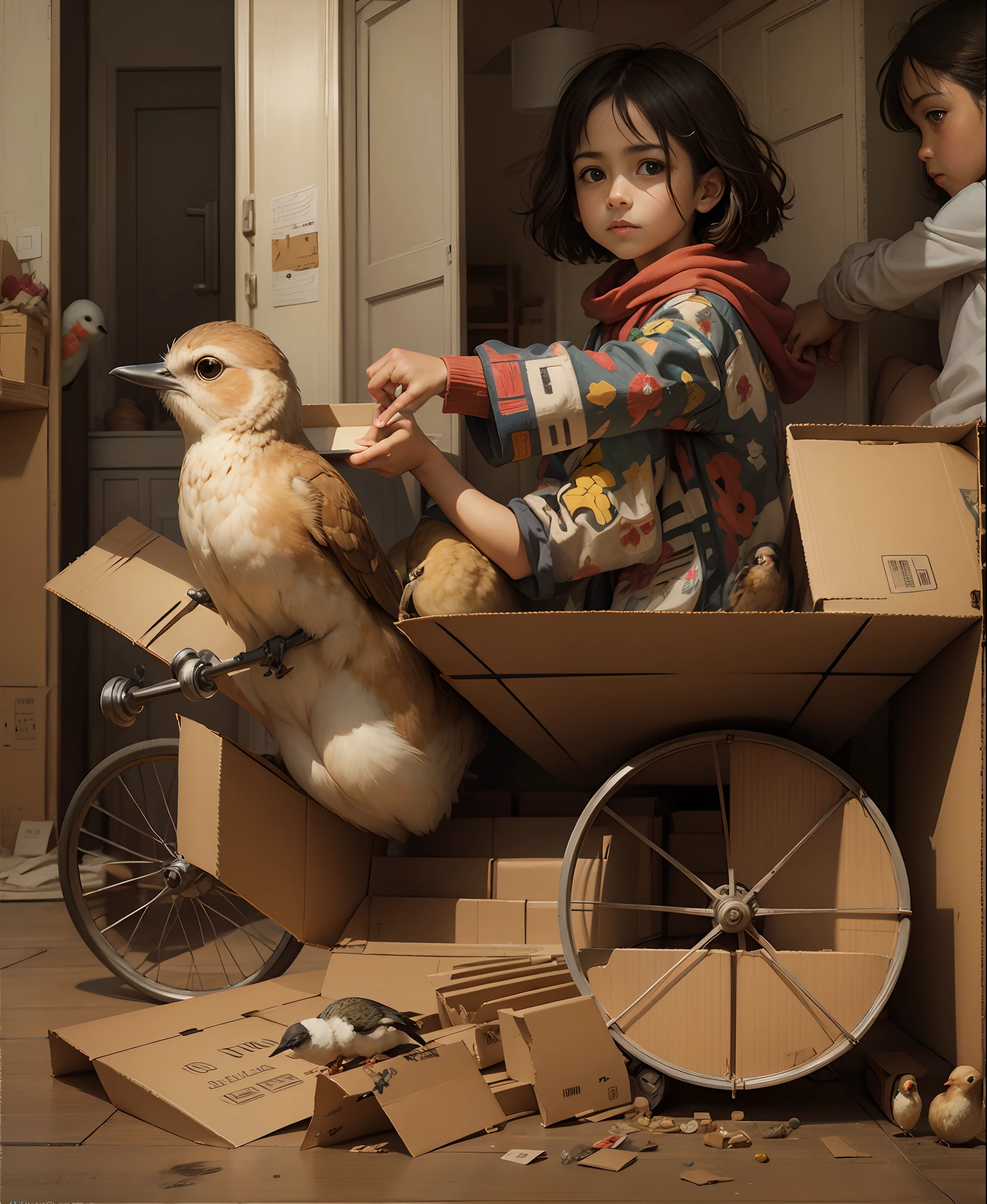 Nino driving a cardboard box with wheels and a bird inside, luz natural, Calidad realista, natural  lighting, piso reflectante, Oil artwork,