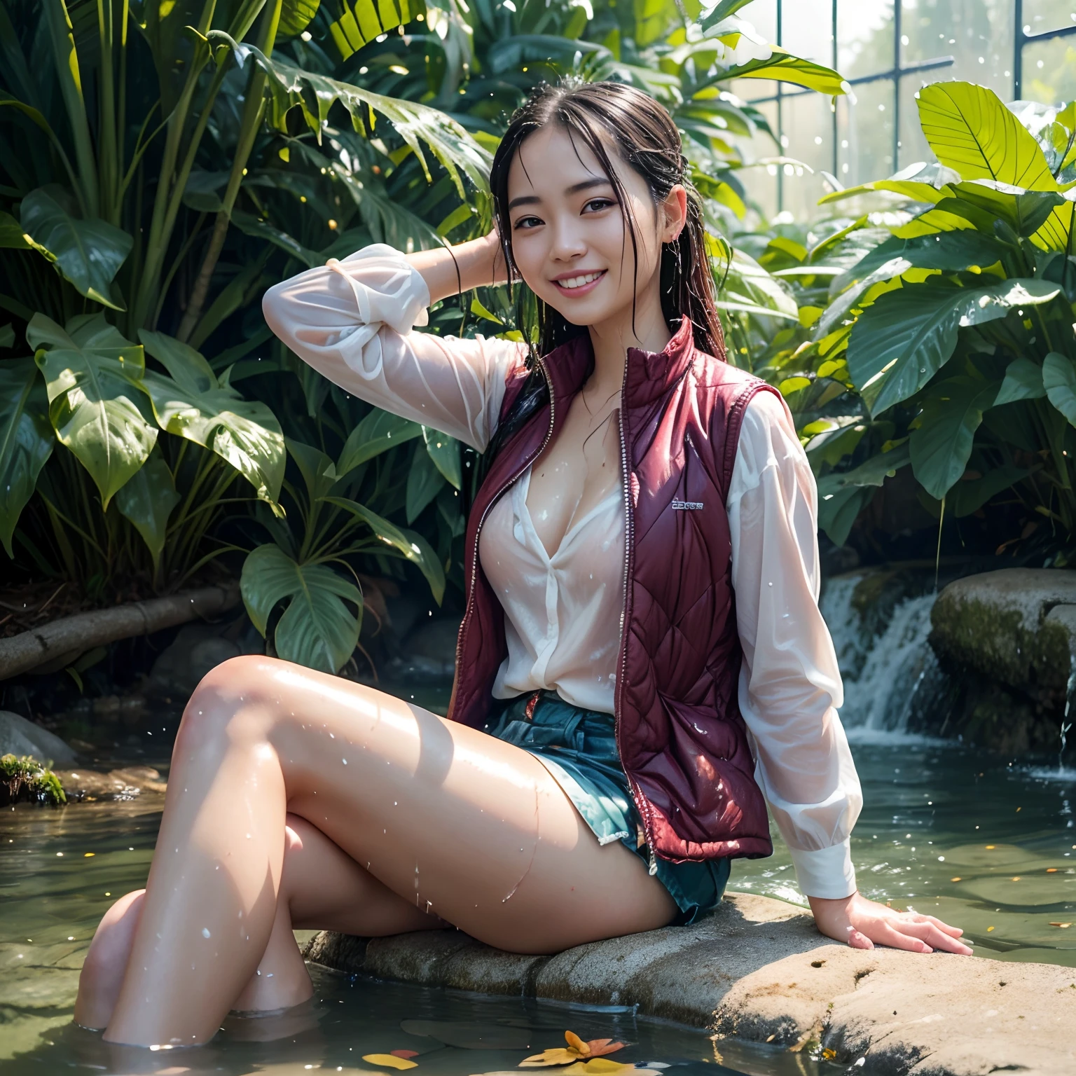 Japanese woman sitting in the water, layered clothing, (long sleeved shirt), (vest), (long denim skirt), colorful clothes, glistening wet, closeup fantasy with water magic, beautiful maiden, cleavage, ((nsfw)), tranquil lagoon, sunlight, heat, steam, (smile), ((laughing)), ((dense foliage)), wearing clothes made of water, realistic oil painting, dripping wet, in water up to her shoulders, beautiful realistic photo, nymph in the water, hyperrealist portrait in a river, hyperrealistic fantasy photo, splashing, realistic fantasy painting, cute shot, narrow depth of field, 8k, ((drenched)), ((soaked)), ((dripping water)), dripping oil, heavy clothes, soaked in oil, wet all over, wet dripping hair, varied poses, wet hair