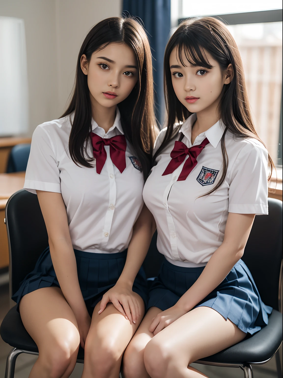 2 girls in school classroom,skirted white leotard,red plaid bow tie,18-year-old,bangs,a little smile,thighs,knees,short cut hair,low ponytail,from below,front-lighting