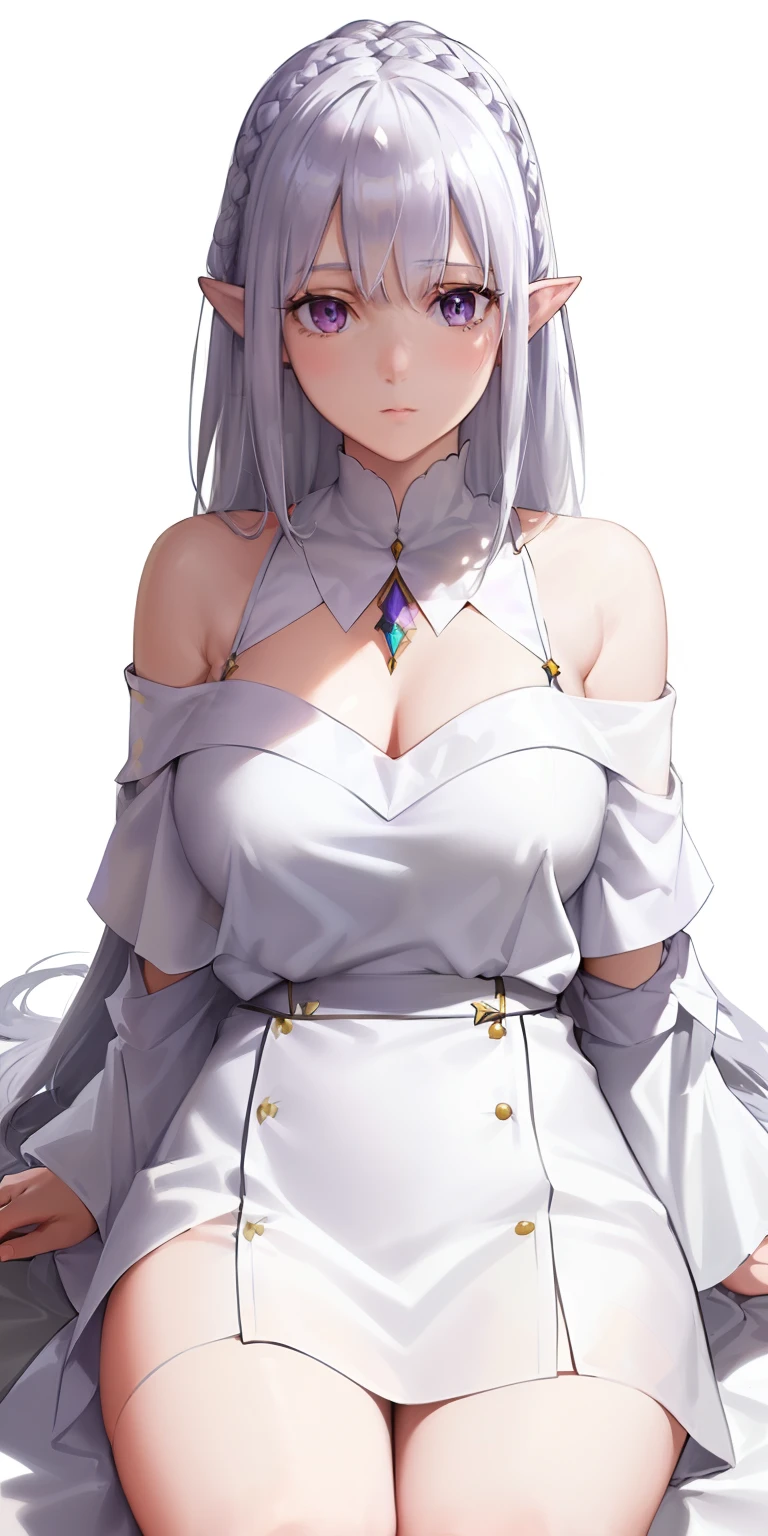 best quality,highly detailed,masterpiece,ultra-detailed,(realistic:1.2), 1girl,(white background),simple background,Delicate eyes,silver hair, purple eyes,hair_ornament,(white off-shoulder shirt:1.3),long hair,pointy_ears,crown_braid,expressionless,Straight hair,(++sitting:1.2), large breasts,