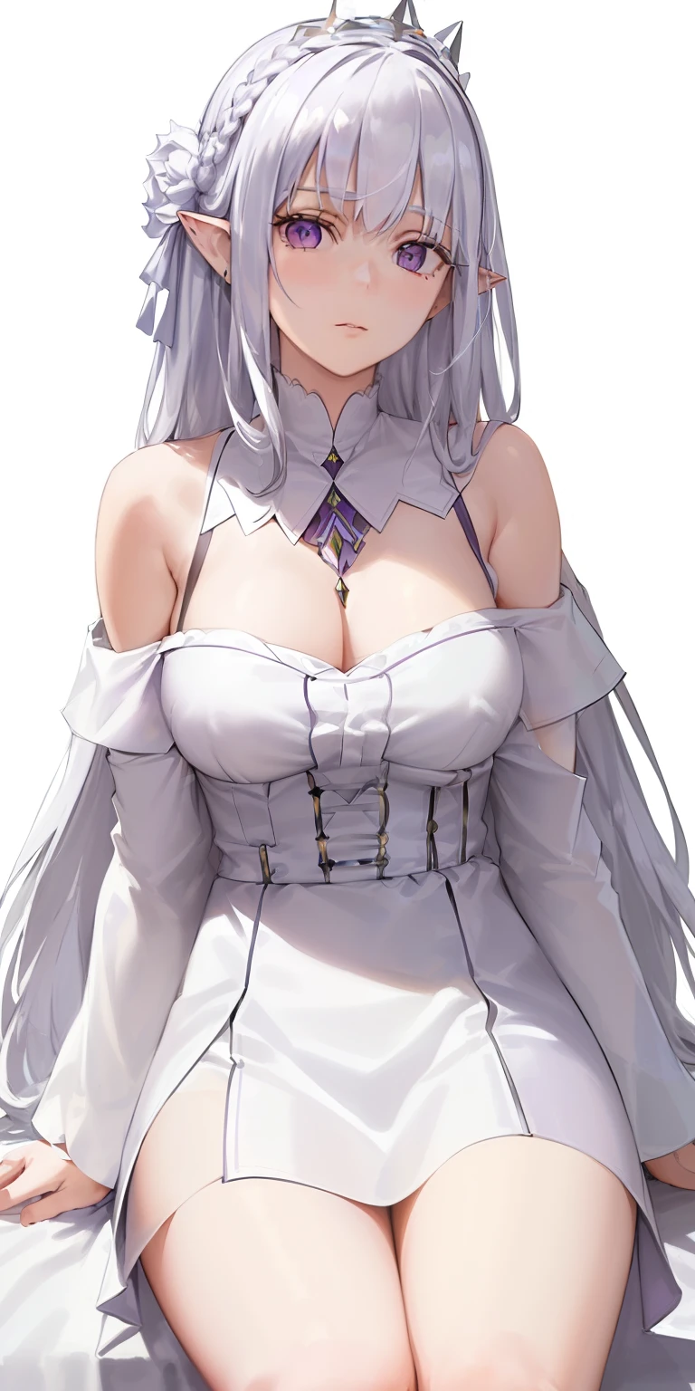 best quality,highly detailed,masterpiece,ultra-detailed,(realistic:1.2), 1girl,(white background),simple background,Delicate eyes,silver hair, purple eyes,hair_ornament,(white off-shoulder shirt:1.3),long hair,pointy_ears,crown_braid,expressionless,Straight hair,(++sitting:1.2), large breasts,