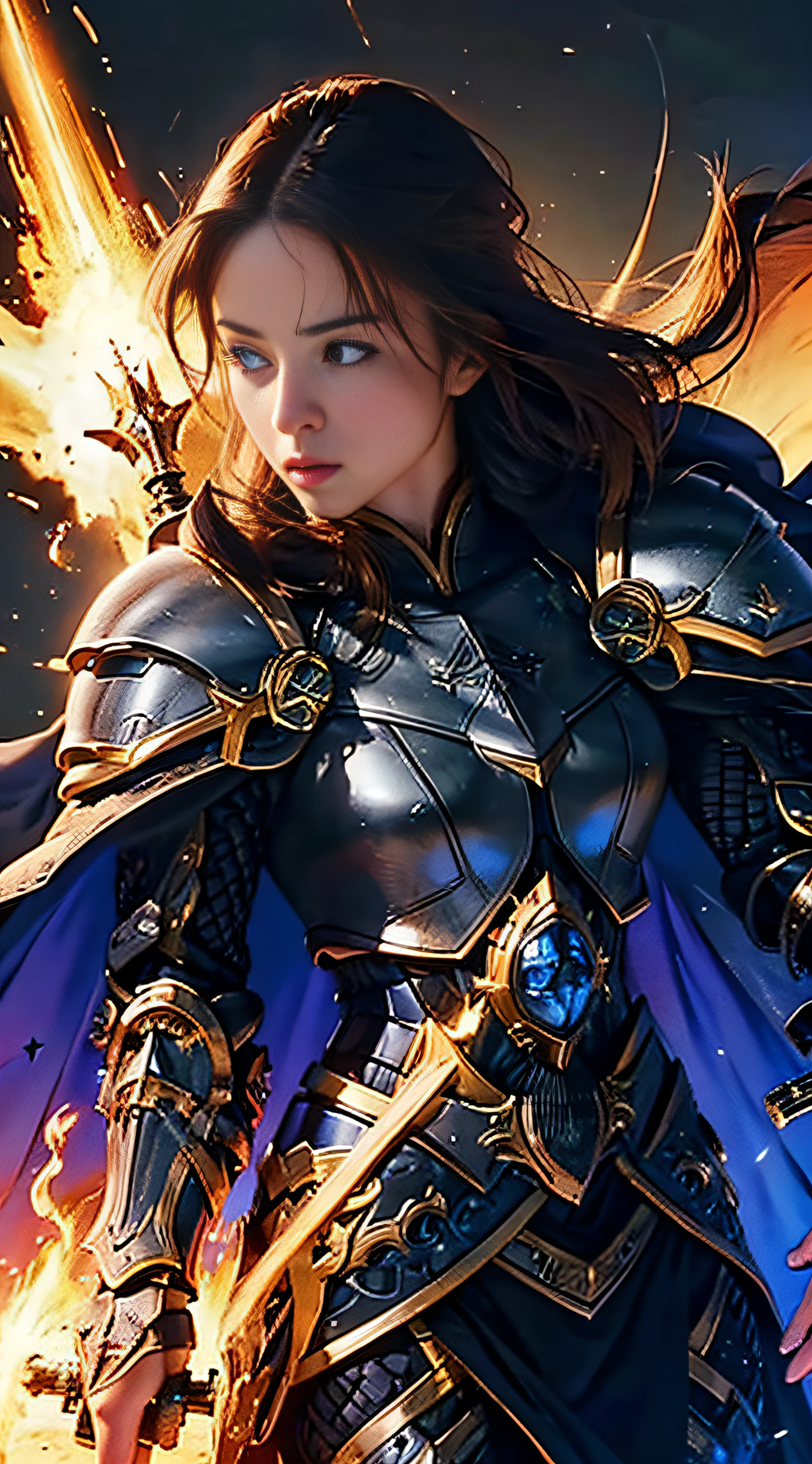 official art, unity 8k wallpaper, ultra detailed, masterpiece, best quality, 1 woman, (extremely detailed), dynamic angle, Mysterious expression, fire sparkle effect, fantasy background, rim lighting, side lighting, cinematic light, ultra high res, 8k uhd, film grain,best shadow, delicate, RAW, light particles, detailed skin texture, detailed armor texture, detailed face, intricate details, ultra detailed, bright, strong, black armor, holding weapon, holding shield, pauldrons, ((brunette hair)), very glowing blue eyes, long black cape, fantasy, (realistic),