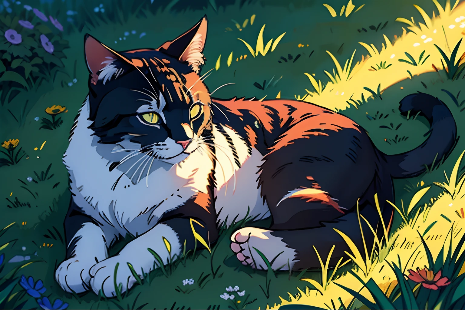 neon, cat, sleeping, grass, strong sun, cold day,