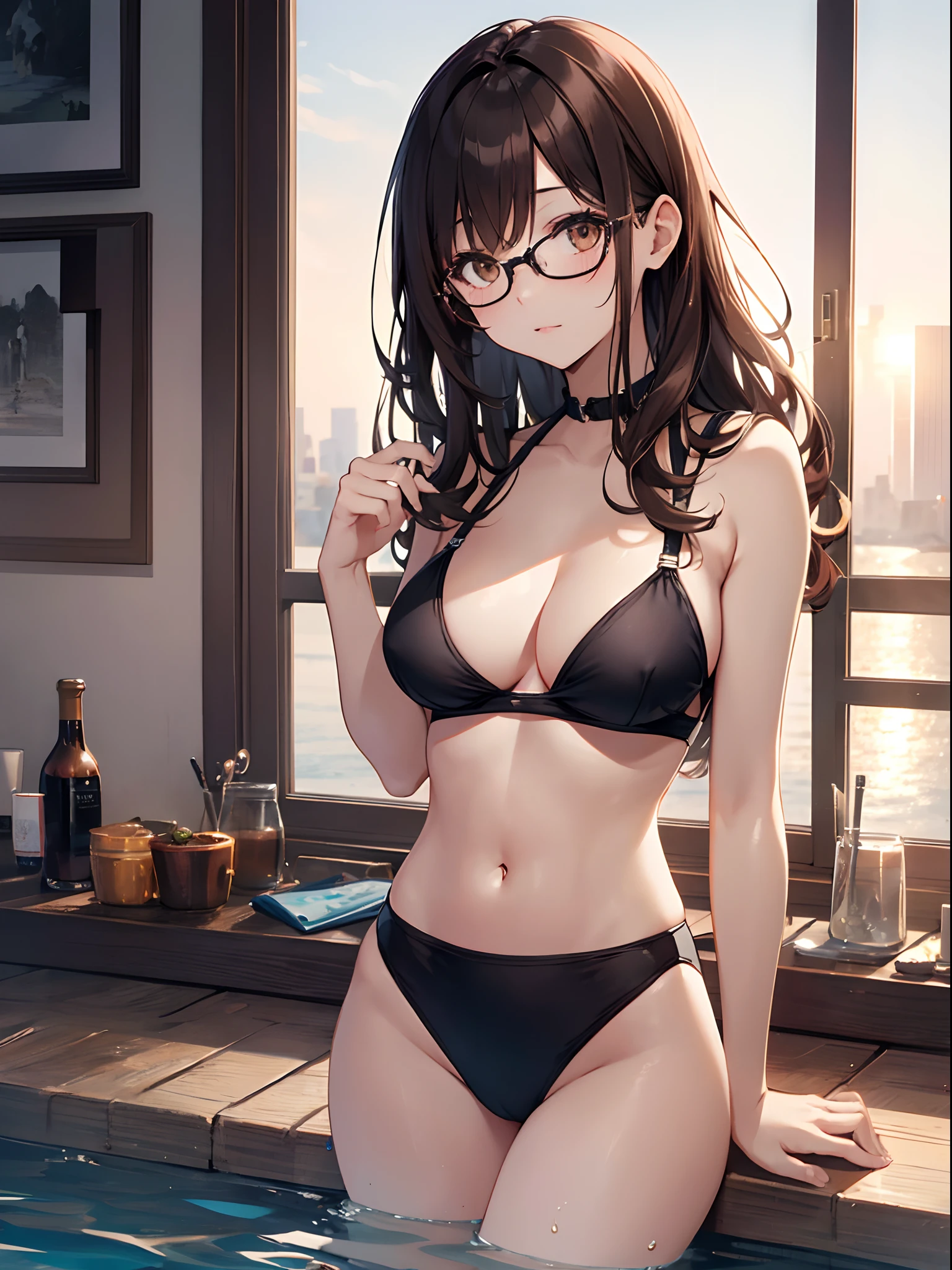 1人の女性、brown haired(Curta)、Brown eyes、Black-rimmed glasses、Best Quality、ultra-detailliert、8K resolution、Raw photo、masutepiece、seductive boobs、gorgeous faces、Perfect body、Mare、swim wears