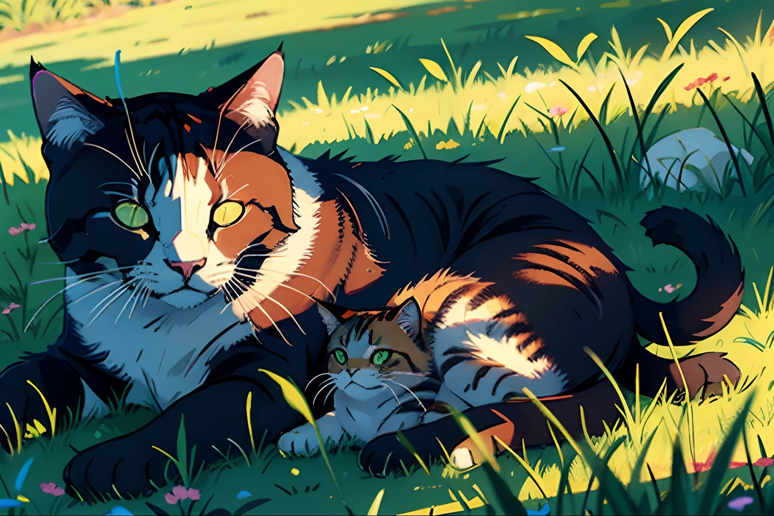neon, cat, sleeping, grass, strong sun, cold day,