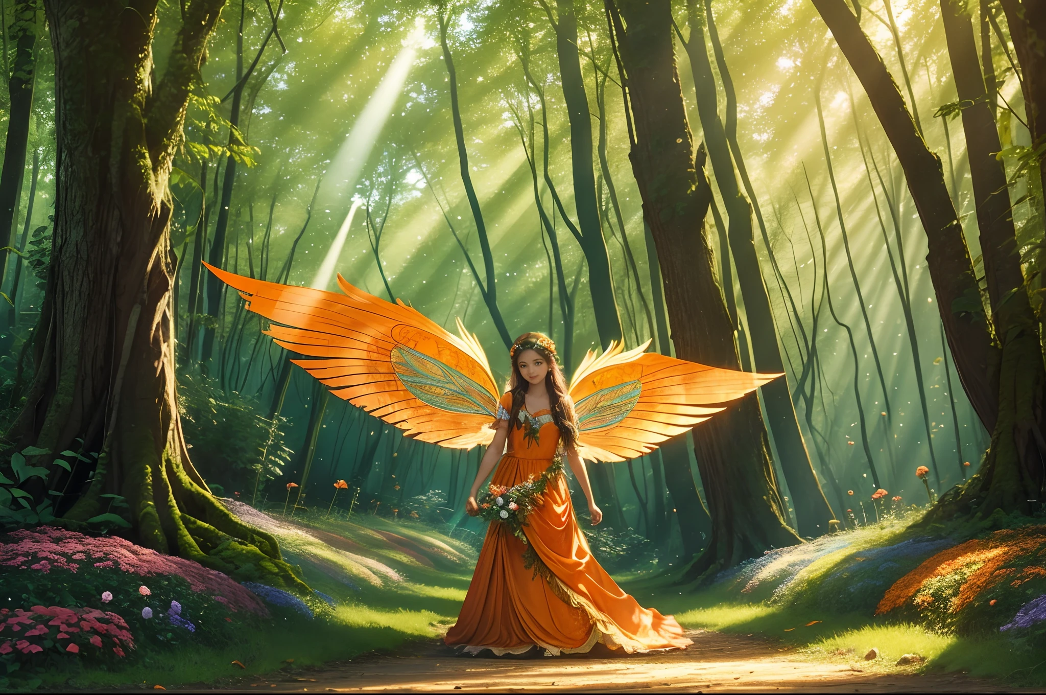Beautiful winged forest fairy, dressed in orange, picking flowers in a magic forest, with green tall twisted trees, small flowery bushes, falled leaves on the ground, rays of light filtering through the threes. Dreamy atmosphere, happy palette of colours. Highly detailed.