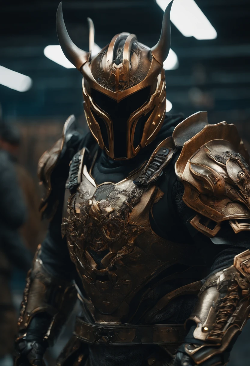 Masterpiece, UltraHD, photorealism, best quality, award-winning, massive male berserker, futuristic tech armor with scary Asian helmet, looking at the camera, full body is shown in armor