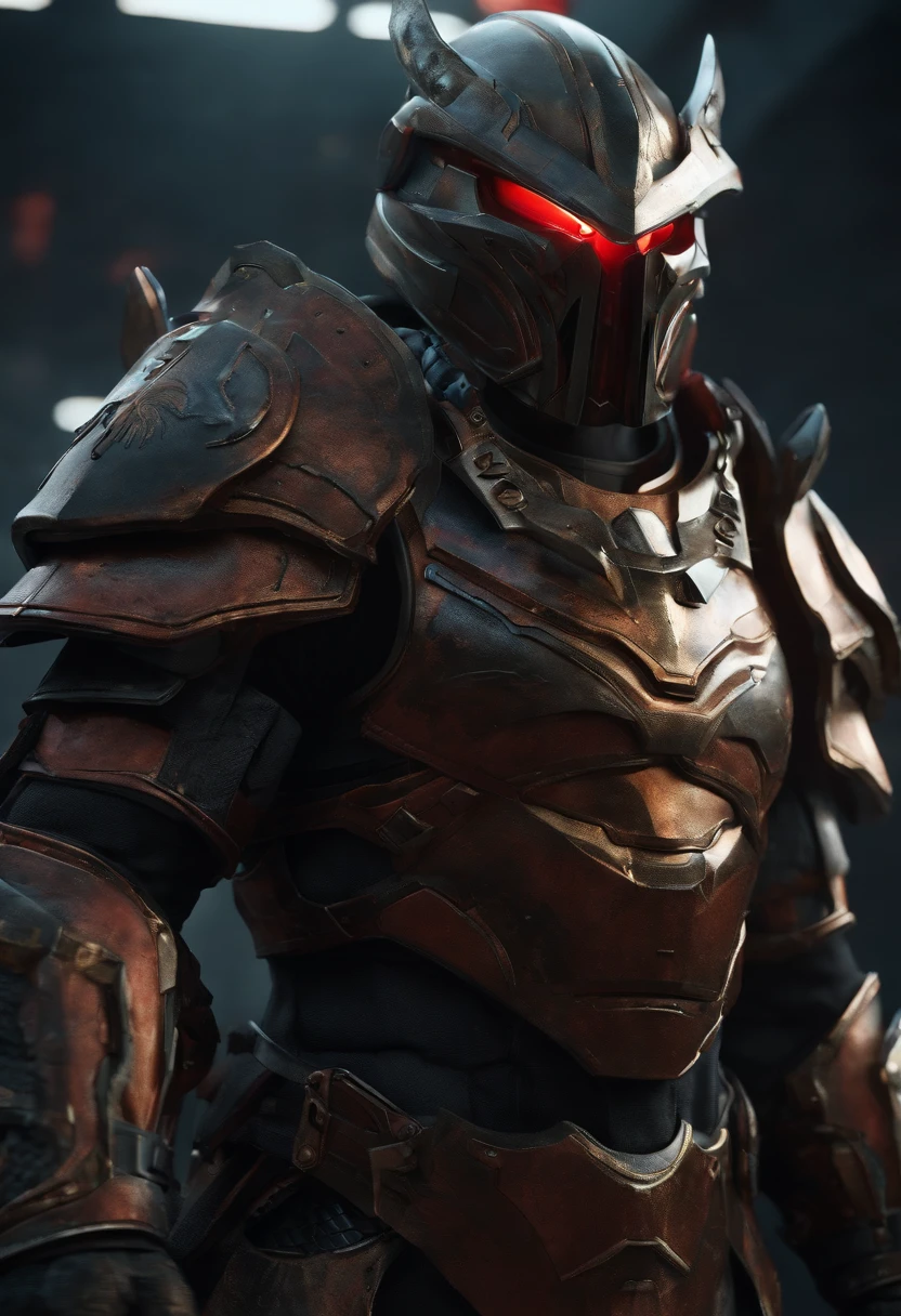 Masterpiece, UltraHD, photorealism, best quality, award-winning, massive male berserker, futuristic tech armor with scary Asian helmet, looking at the camera, full body is shown in armor