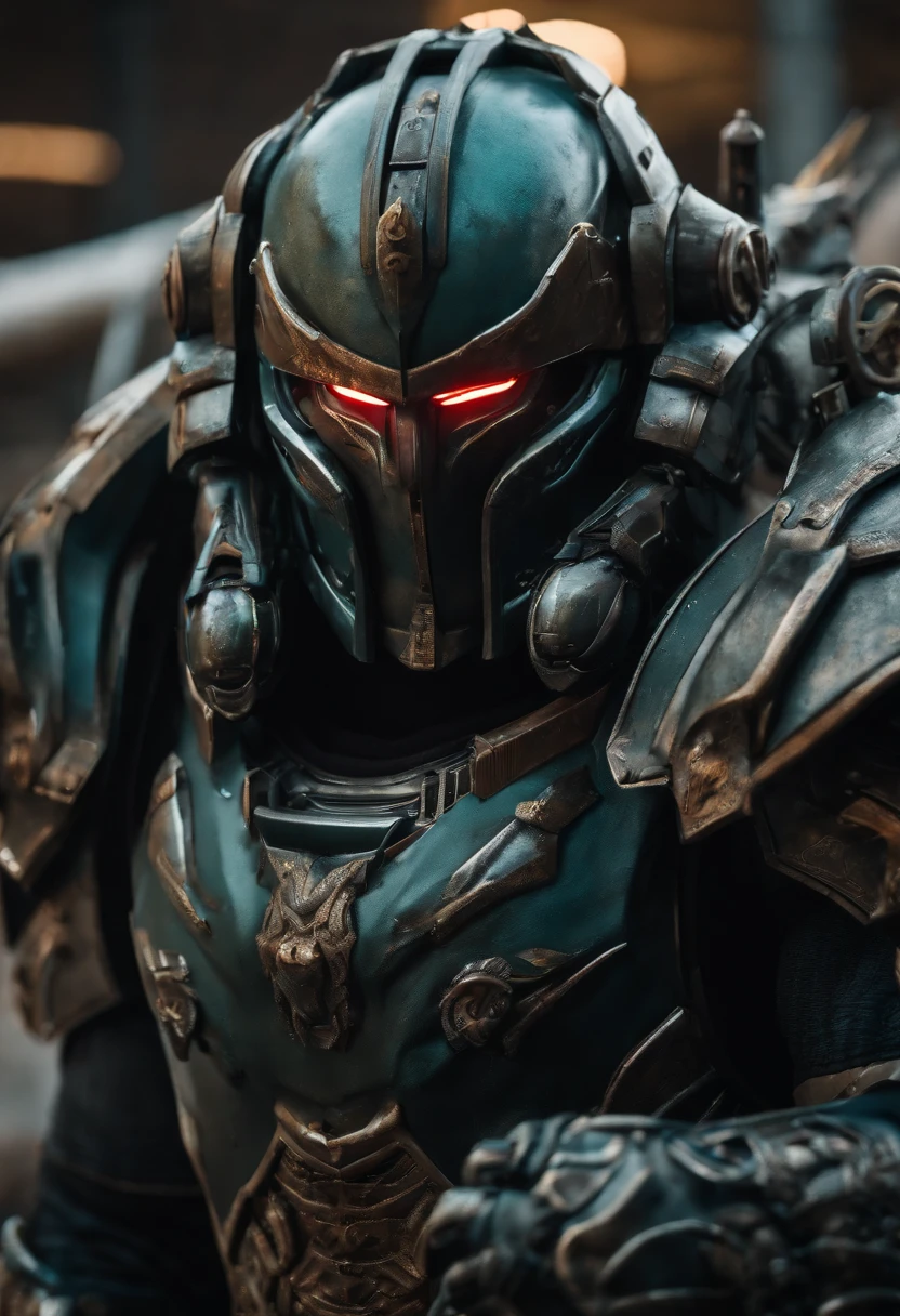 Masterpiece, UltraHD, photorealism, best quality, award-winning, massive male berserker, futuristic tech armor with scary Asian helmet, looking at the camera, full body is shown in armor