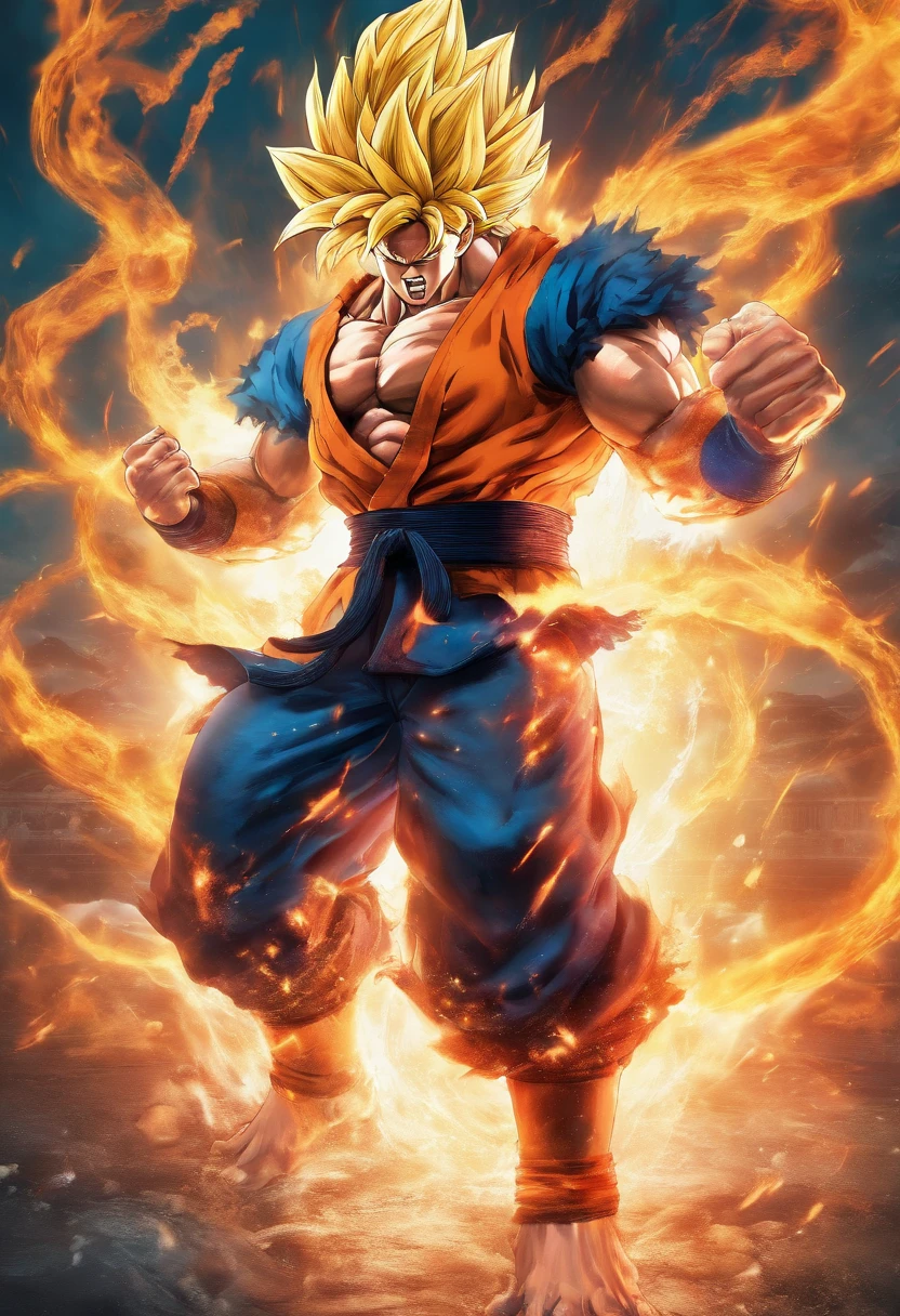 Realistic 3D rendering of Goku Super Saiyan Fusion Aquaman, Surrounded by lightning, big muscle, full body photo shot, hyper realisitic