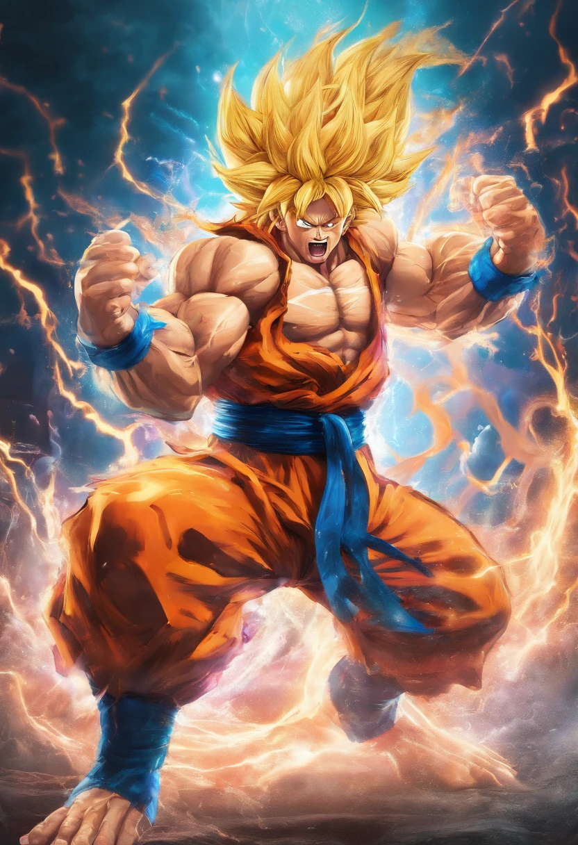 Realistic 3D rendering of Goku Super Saiyan Fusion Aquaman, Surrounded by lightning, big muscle, full body photo shot, hyper realisitic