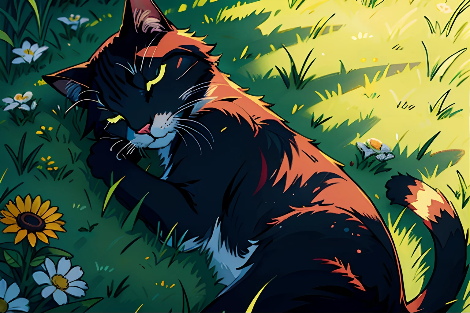 neon, cat, sleeping, grass, strong sun, cold day,