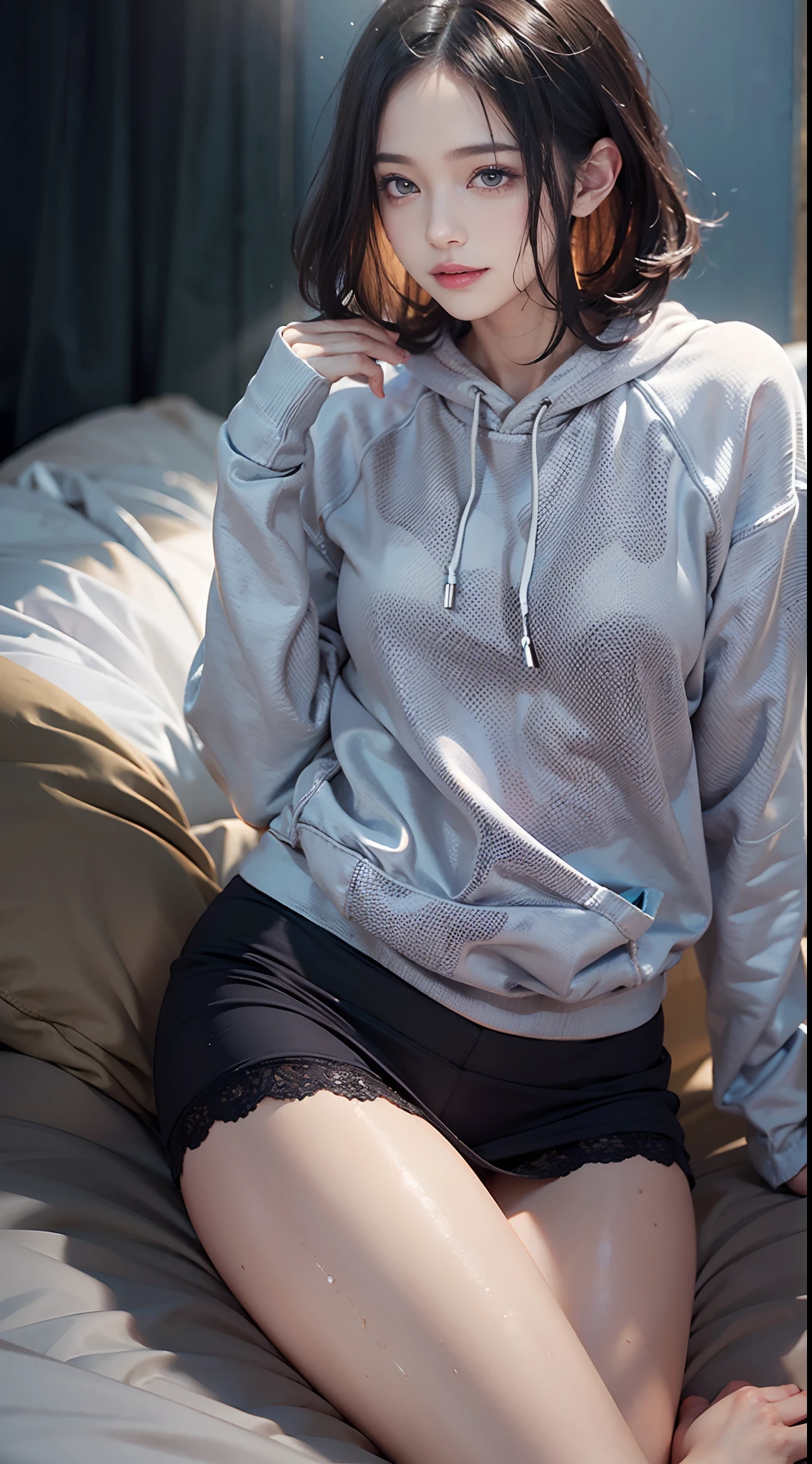 (NSFW), 1womanl, Solo, 24 year old, 7headed body, (cute  face), (Ideal ratio body proportions), Bedroom, Sit up, (((Sweatshirt))), (((The lower part of the body is bare))), (((No panties))), long , Wet, Clothes are sheer, Smiling smile, short-hair, Dark hair, small tits, A slender, Small buttocks, beauty legs, Skinny Legs, surrealism, Cinematic lighting, depth of fields, One-person viewpoint, F/1.8, 135 mm, nffsw, masutepiece, ccurate, ((Anatomically correct)), Textured skin, Super Detail, high details, High quality, awardwinning, Best Quality, hight resolution, 8K