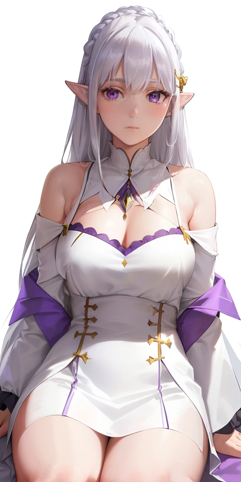 best quality,highly detailed,masterpiece,ultra-detailed,(realistic:1.2), 1girl,(white background),simple background,Delicate eyes,silver hair, purple eyes,hair_ornament,(white off-shoulder shirt:1.3),long hair,pointy_ears,crown_braid,expressionless,Straight hair,(++sitting:1.2), large breasts,