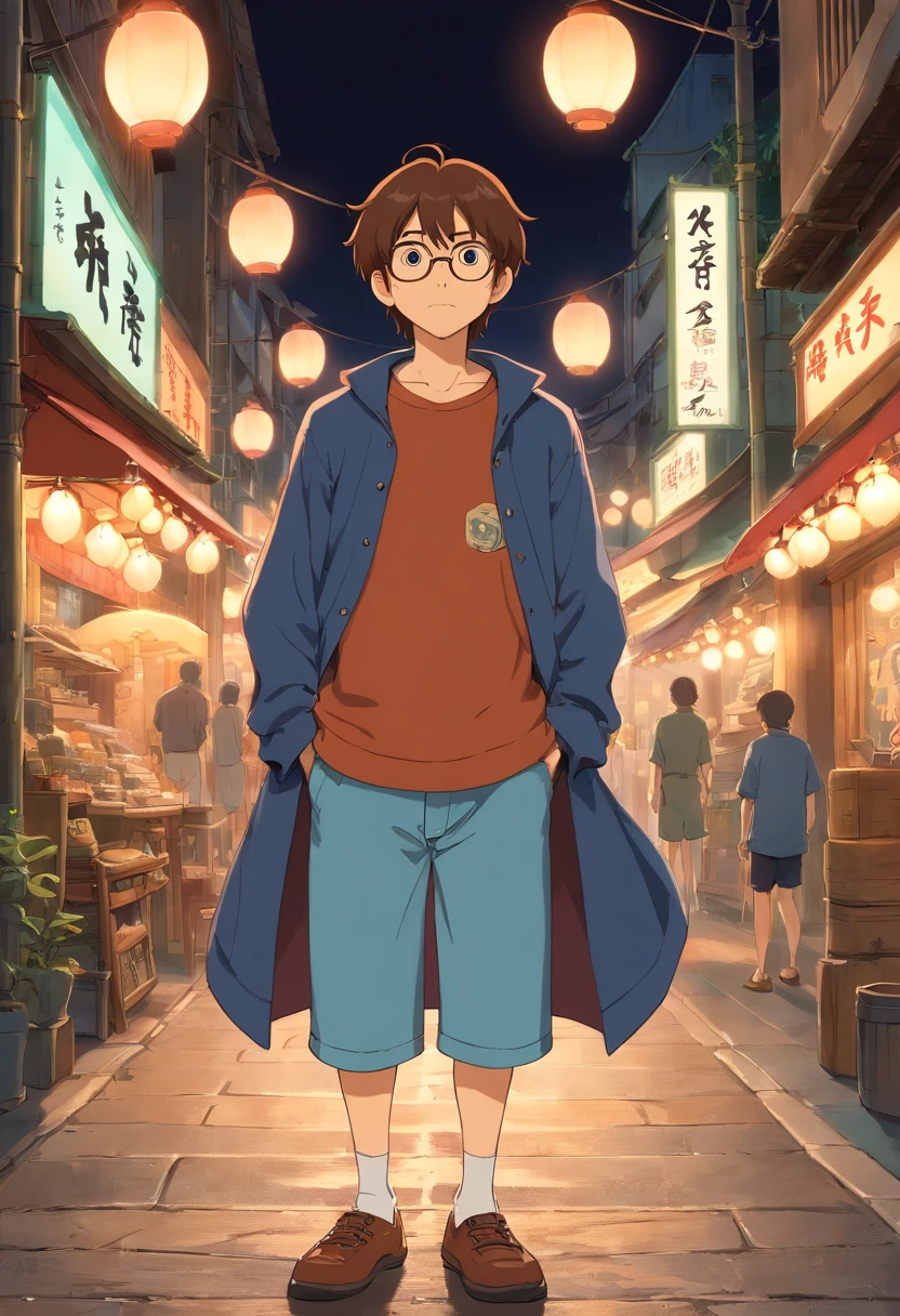 An almost adult man normal body who likes to draw medium brown color hair with street style lights Surfwear street