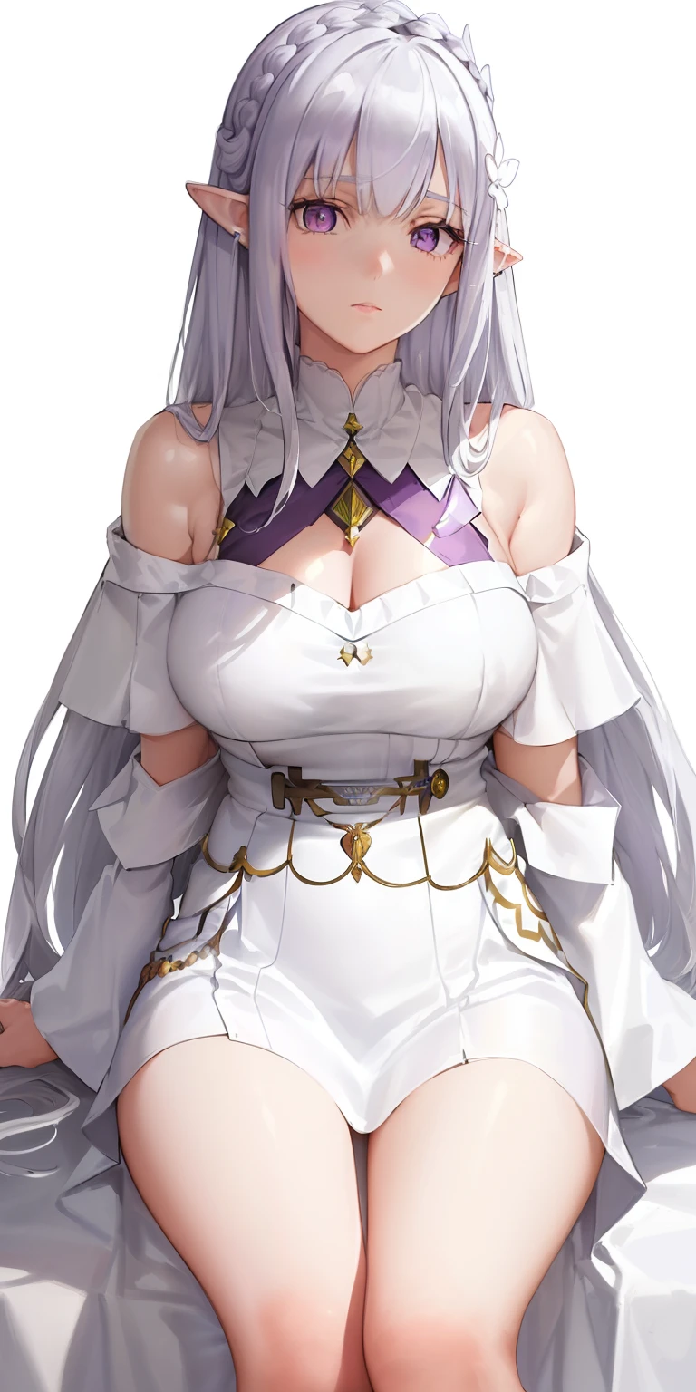 best quality,highly detailed,masterpiece,ultra-detailed,(realistic:1.2), 1girl,(white background),simple background,Delicate eyes,silver hair, purple eyes,hair_ornament,(white off-shoulder shirt:1.3),long hair,pointy_ears,crown_braid,expressionless,Straight hair,(++sitting:1.2), large breasts,