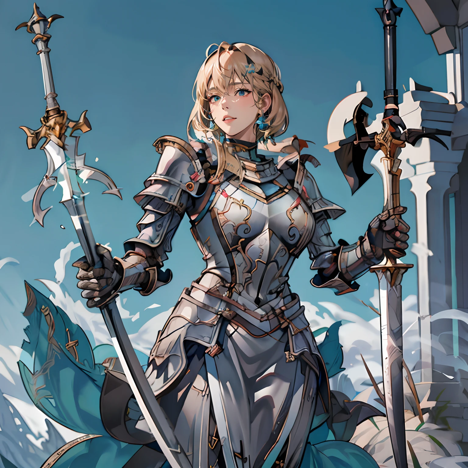A close up of a woman in armor holding a sword - SeaArt AI