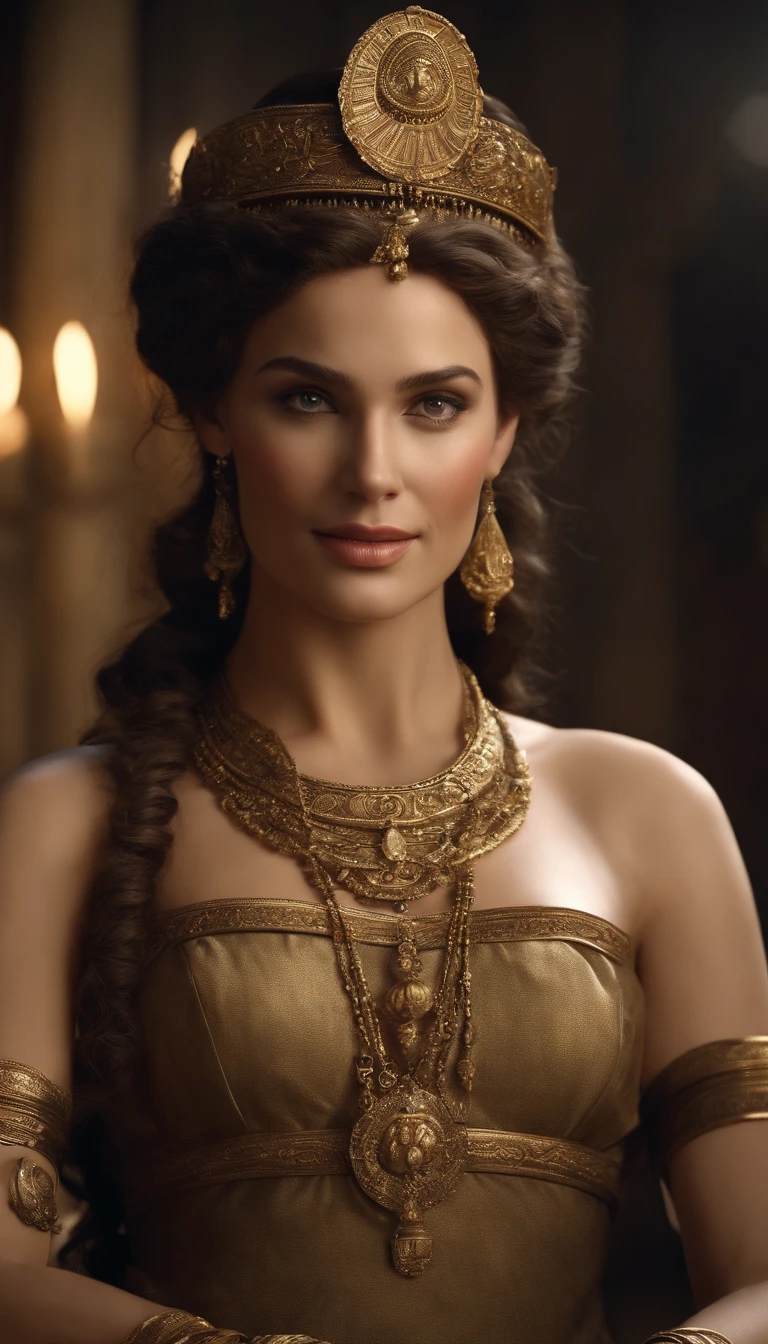 (Numerous award-winning masterpieces, with incredible details, Maximum textures and details), (hyper realistic:1.4), (Realstic:1.3), (Haut du corps vers le haut:0.4), (best quality real texture skin), ((Monde de la mythologie grecque)), finely detailed eyes, finely detailed face, visage en face, yeux doux, (Elle a un sourire gentil sur son visage:visage amoureuse, .4), Friendly and feminine face, Roman Empress, avec une coiffure Romaine en an 65. brown and curly hair, en chignon. toujours le regard en face.Long dress outfit draped in white. 1) Creating vibrant energy, Coucher de soleil tardif projetant une lueur chaude, a festive atmosphere embracing the Roman era, Meticulous attention to detail capturing the essence of elegance.