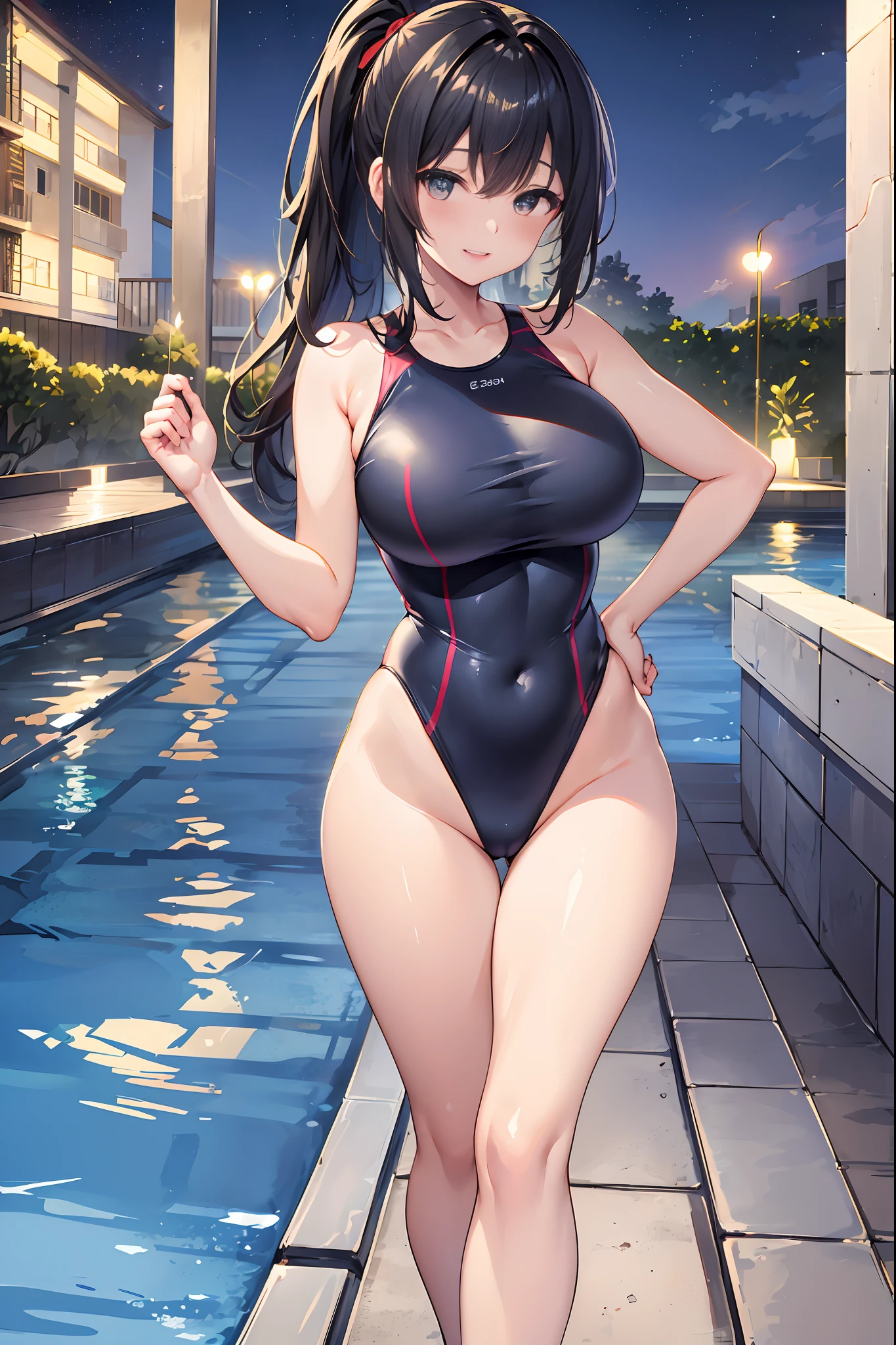top-quality、Full limbs、complete fingers、1 female、Beautiful 25 year old sister、((Perfect blue and red competitive swimsuit))、Raw feet、A big smile、(poneyTail:1.3)、Medium hair、(shiny black fine hair:1.2), ((Perfect female body))、perfectly proportions、(masutepiece, Best Quality: 1.2)、(Ultra detailed CG unified 8k wallpaper: 1.2), (hyper-sharp focus: 1.5), (Ultra Sharp Focus: 1.5)、(Beautiful pretty face: 1.3)、(hyper detailed background, Detail Background: 1.3)、hyper realistic photography、Hyper Sharp Image、Hyper Detail Image、luxury hotel、Huge pool on the roof of the hotel、Night Pool、Lit up、starrysky、nighttime scene、is standing、sexypose