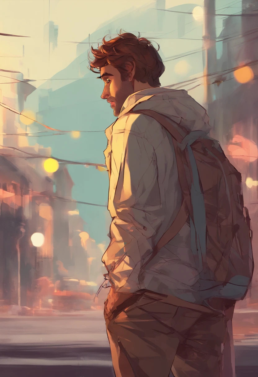An almost adult man normal body who likes to draw medium brown colored hair with street style lights Surfwear street