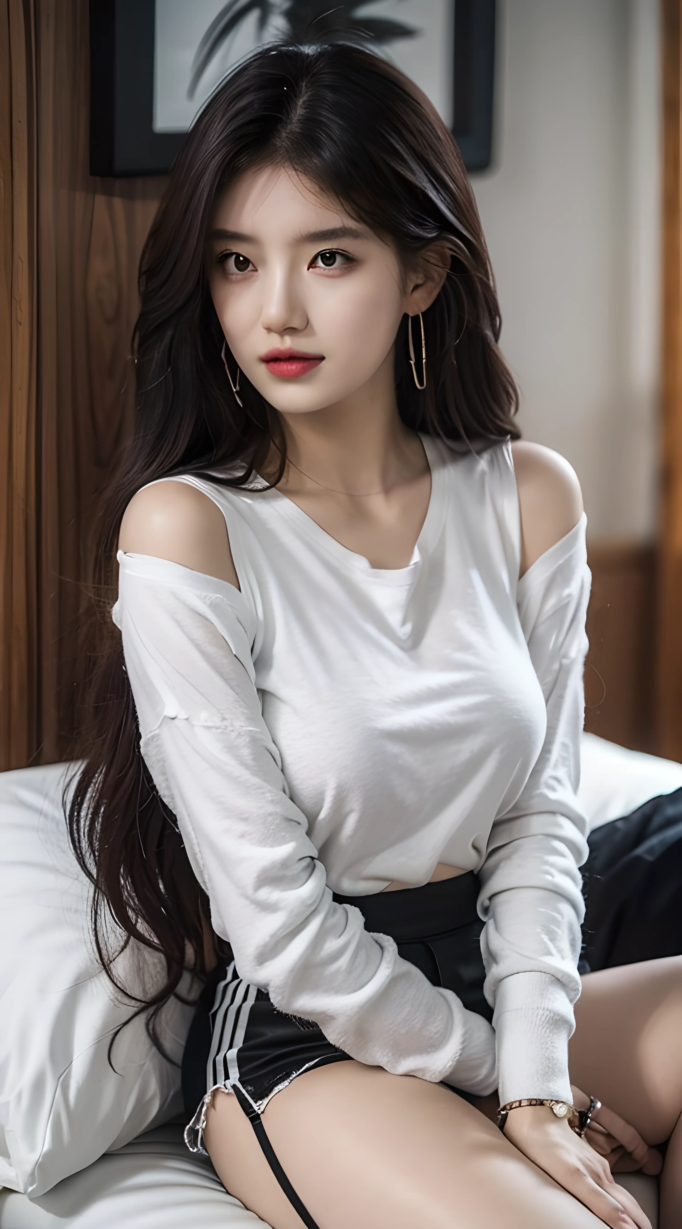 best qualtiy,tmasterpiece,超高分辨率,(真实感:1.4),RAW photogr,cold light,1girll,(Close-up of the upper body,closeup of face), Nice face,(Slim,Raised sexy),ssmile,cabelos preto e longos,hair adornments,(slender leg,Cross ed leg), (White sweatshirt,Black shorts),Beautiful age girl,Beautiful goddess,Detailed scenes, Picturesque, Beautiful teengirl,Beautiful goddess,Detailed scenes, Beautiful digital illustration, the detail,Hyper-detailed, Cinematic quality, (Beauty and aesthetics,big breasts beautiful),cropped shoulders,Bare chest,oversized boobs