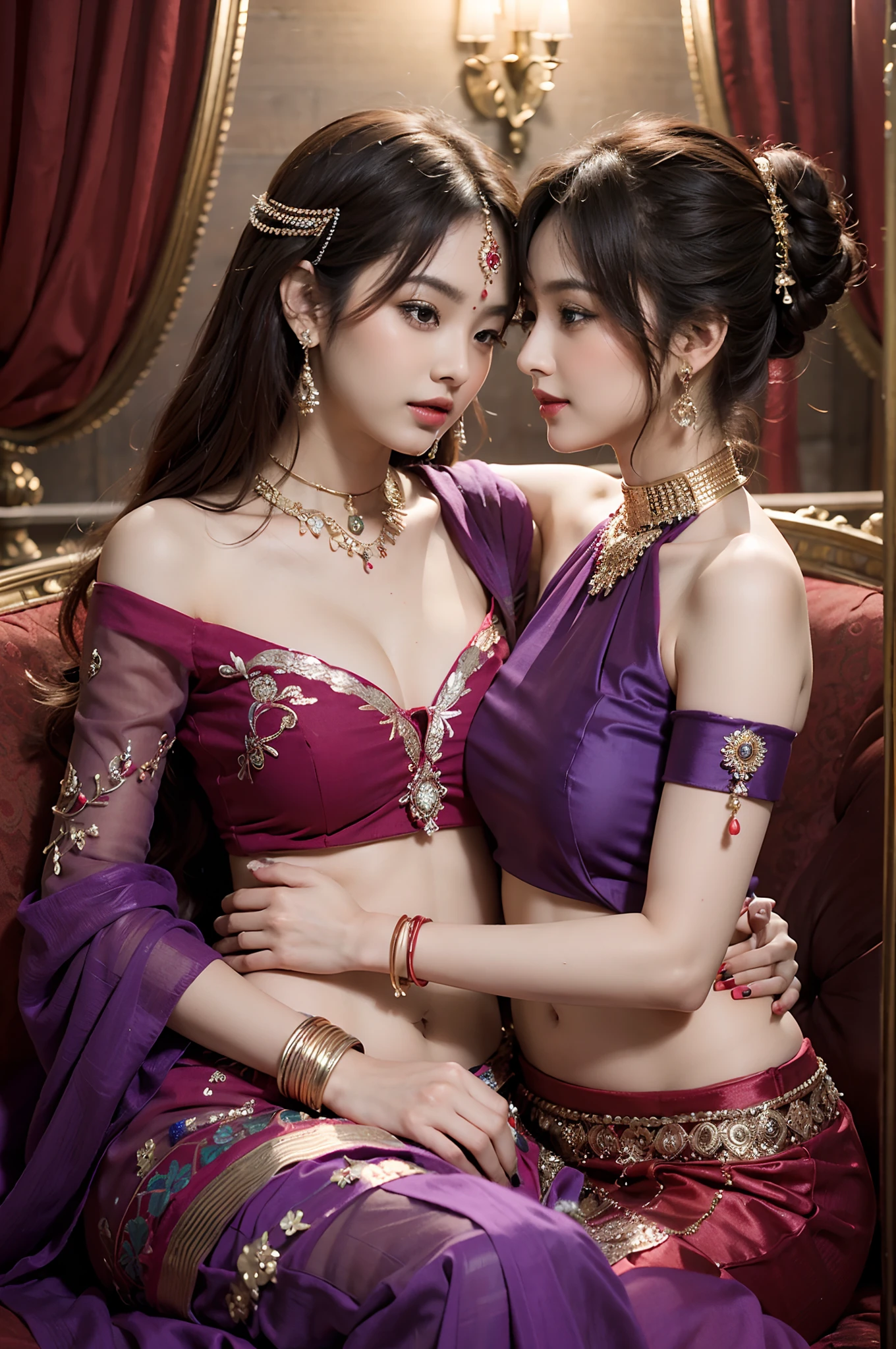 Woman wearing red lehenga, sitting on lap of woman wearing purple saree,(ulzzang-6500-v1.3,pureeroface_v1,octane render),elegant pose,xxmix girl women