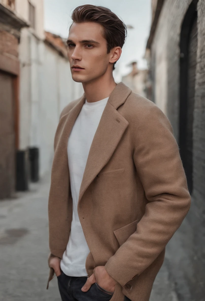 An almost adult man normal body who likes to draw medium brown hair with street style lights Surfwear street