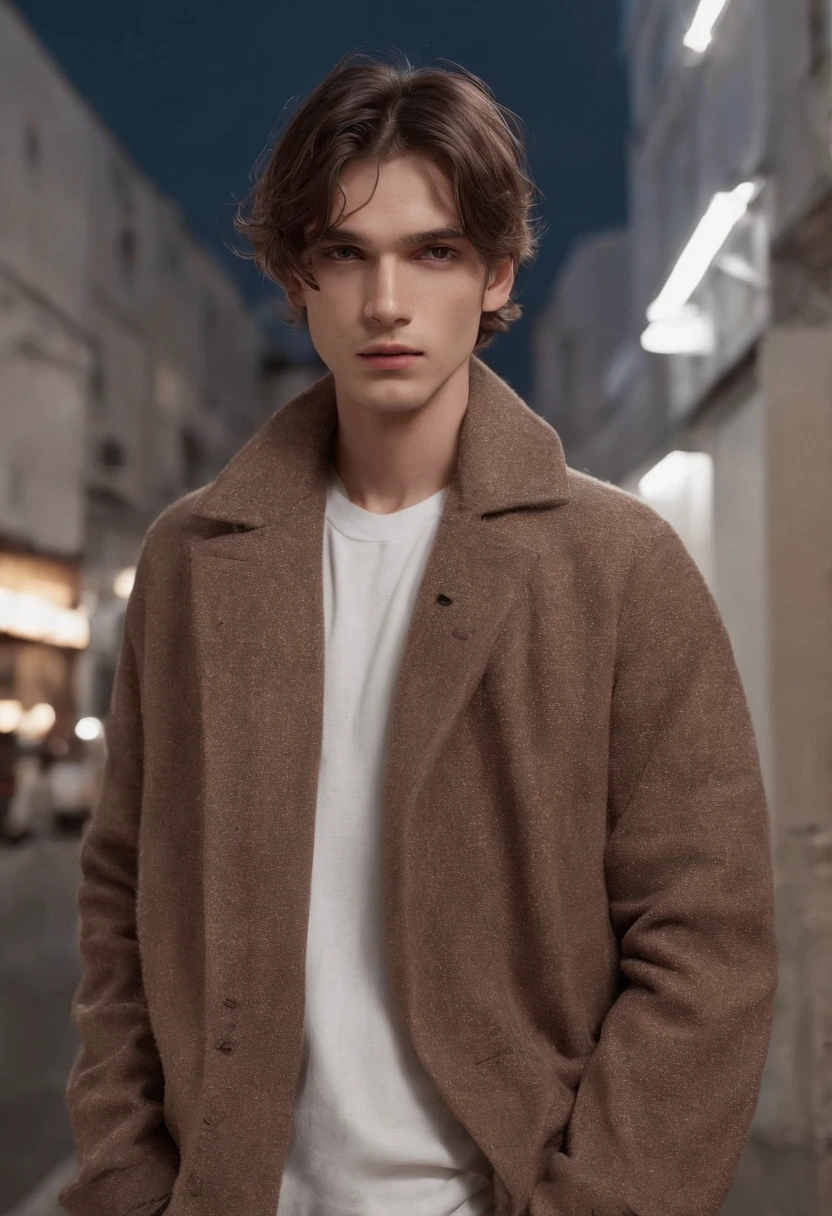 An almost adult man normal body who likes to draw medium brown hair with street style lights Surfwear street
