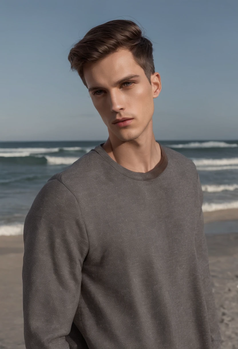 An almost adult man normal body who likes to draw medium brown hair with street style lights Surfwear street