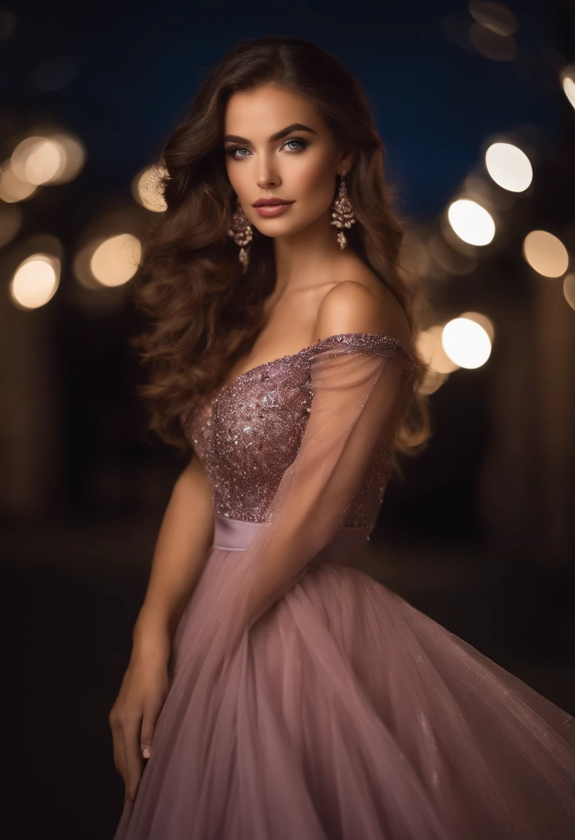 Arafed woman in evening dress, Elegant girl with blue eyes, Portrait Sophie Mudd, cheveux bruns et grands yeux, Selfie of a young woman at a night party, Yeux de chambre, Violet Myers, maquillage glamour, regarde la piste de danse, Visage avec Artgram, Glittery dress, Photo with festive lights, evening dancing.