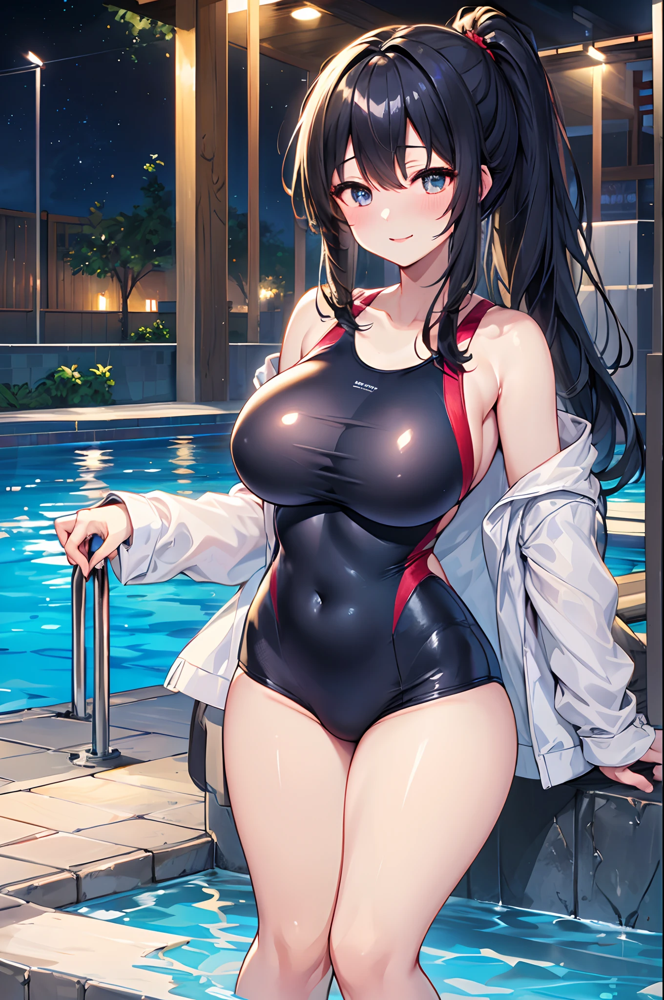 top-quality、Full limbs、complete fingers、1 female、Beautiful 25 year old sister、((Blue, red and white competitive swimsuit))、Raw feet、A big smile、(poneyTail:1.3)、(shiny black fine hair:1.2), ((Perfect female body))、perfectly proportions、(masutepiece, Best Quality: 1.2)、(Ultra detailed CG unified 8k wallpaper: 1.2), (hyper-sharp focus: 1.5), (Ultra Sharp Focus: 1.5)、(Beautiful pretty face: 1.3)、(hyper detailed background, Detail Background: 1.3)、hyper realistic photography、Hyper Sharp Image、Hyper Detail Image、luxury hotel、Huge pool on the roof of the hotel、Night Pool、Lit up、nigh sky、nighttime scene、is standing、sexypose