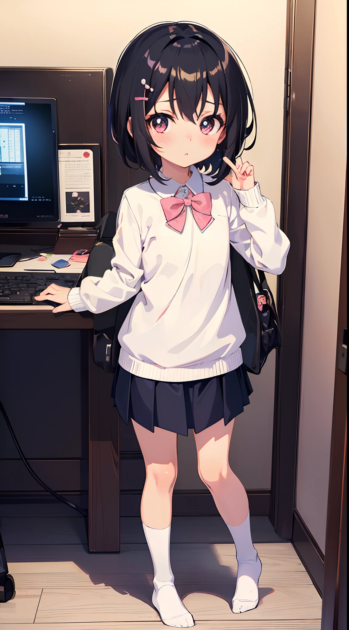 ((masutepiece)), ((Best Quality)), (Ultra-detailed), ((kawaii)), Cute, (lovely), Full body, personal computers, A little boy, child, Boy, Solo, School uniform, Beautiful black hair, Beautiful black eyes, ((Beautiful eyes)), flat breast, tiny chest, Hair ornaments, blush, shiny-glistening, gleaming