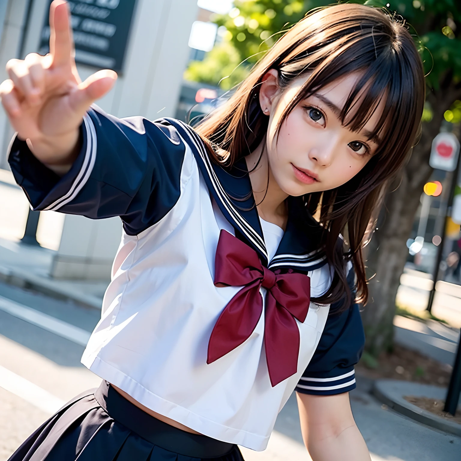 masterpiece, best quality, photorealistic, <lora:MyDress-UpDarling:0.8>, inui shinju, running, wind lift, floating hair, :d, tied shirt, cyan necktie, reaching out