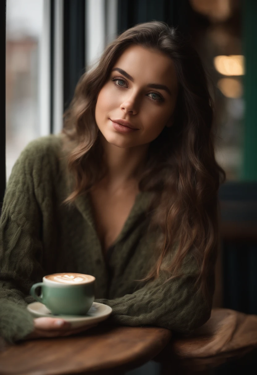 Gorgeous 20 year old girl, with straight hair, Poil long, brown-hair, Brown eyes, métis, generous chest, tenant dans sa main café, dans un starbucks