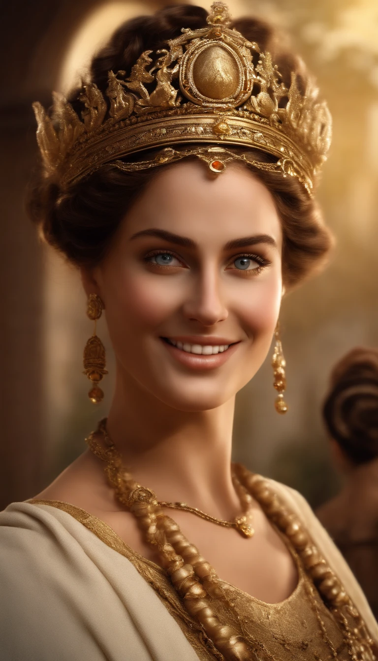 (Numerous award-winning masterpieces, with incredible details, Maximum textures and details), (hyper realistic:1.4), (Realstic:1.3), (Haut du corps vers le haut:0.4), (best quality real texture skin), ((Monde de la mythologie grecque)), finely detailed eyes, finely detailed face, visage en face, yeux doux, (Elle a un sourire gentil sur son visage:1.4), Friendly and feminine face, Roman Empress, avec une coiffure Romaine en an 65. brown and curly hair, en chignon. Long dress outfit draped in white. pas de boucle d'oreille et une couronne romaine imperatrice. 1) Creating vibrant energy, Coucher de soleil tardif projetant une lueur chaude, a festive atmosphere embracing the Roman era, Meticulous attention to detail capturing the essence of elegance.
