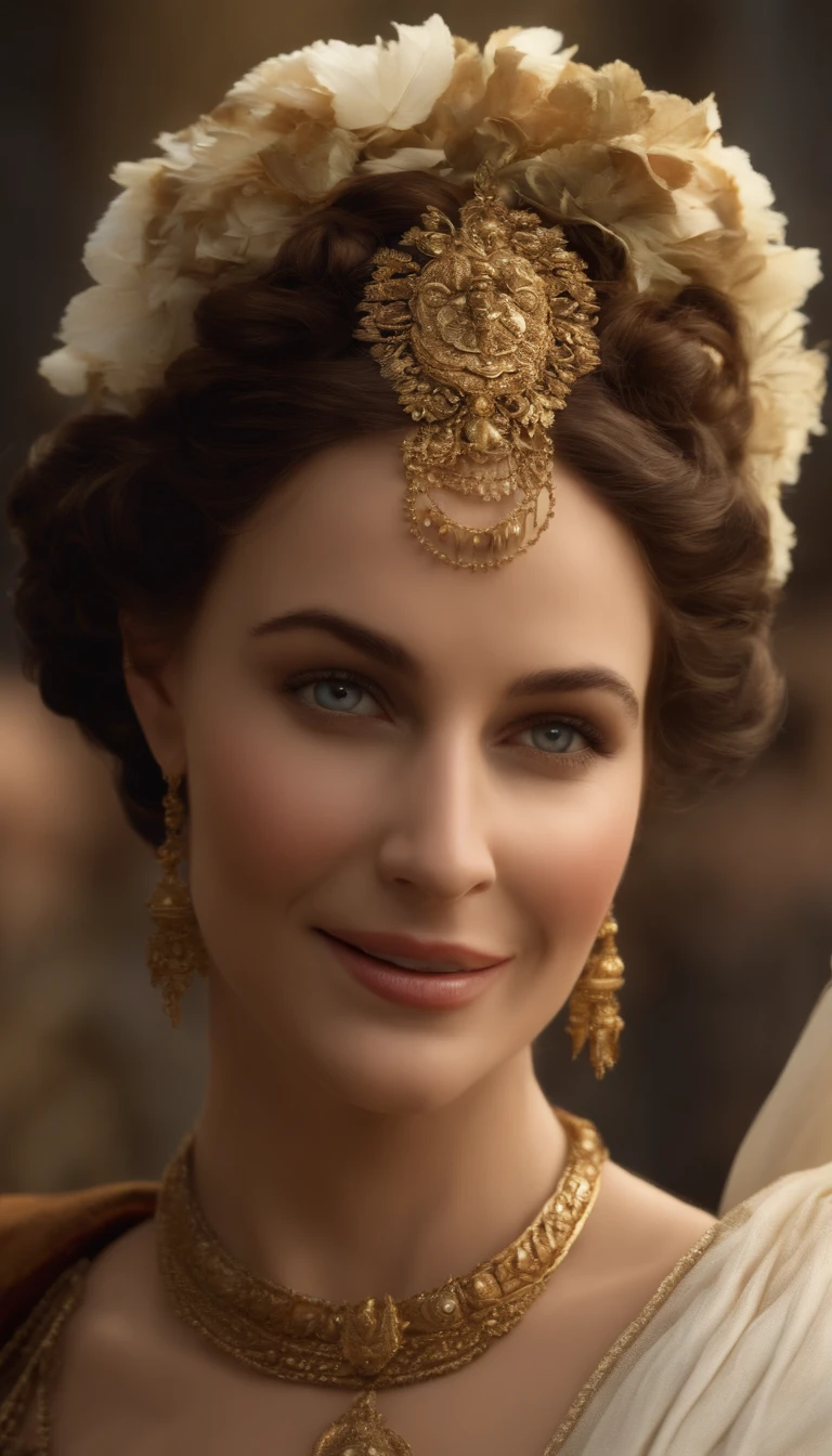 (Numerous award-winning masterpieces, with incredible details, Maximum textures and details), (hyper realistic:1.4), (Realstic:1.3), (Haut du corps vers le haut:0.4), (best quality real texture skin), ((Monde de la mythologie grecque)), finely detailed eyes, finely detailed face, visage en face, yeux doux, (Elle a un sourire gentil sur son visage:1.4), Friendly and feminine face, Roman Empress, avec une coiffure Romaine en an 65. brown and curly hair, en chignon. Long dress outfit draped in white. pas de boucle d'oreille et une couronne romaine imperatrice. 1) Creating vibrant energy, Coucher de soleil tardif projetant une lueur chaude, a festive atmosphere embracing the Roman era, Meticulous attention to detail capturing the essence of elegance.