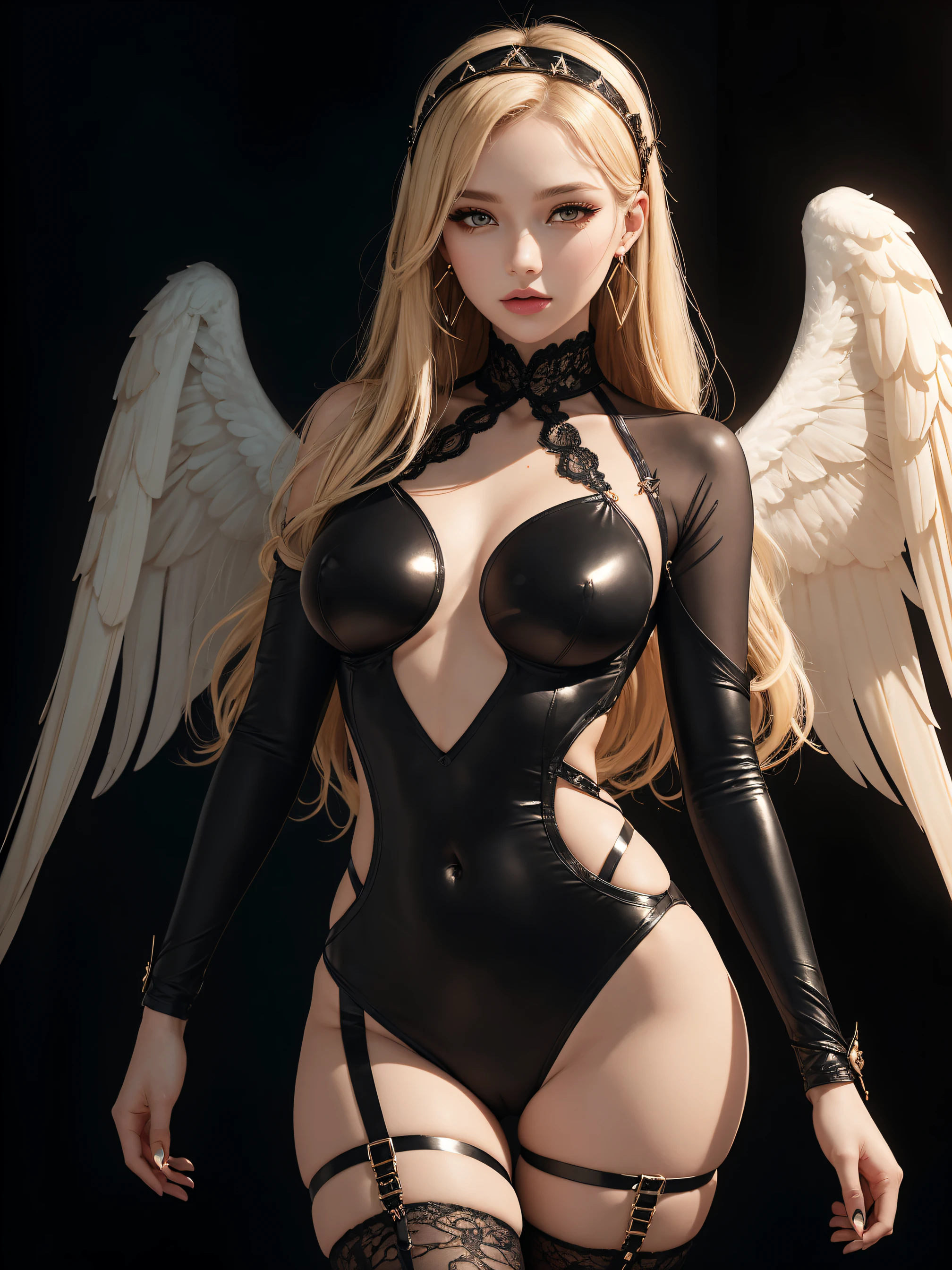 (best quality, masterpiece:1.2), (best illustration), (extremely detailed illustration), (looking at viewer:1.4), (full_body), (1girl, 20yo:1.2), long swept bangs, (brown eyes:1.2), eyelashes, fake lashes, thin eyebrows, long hair, nose, (brown hair:blonde hair:1.2), (tareme, (half-closed eyes:0.6), black eyeshadow), (medium breasts:1.2), (black_clothing_theme:1.2), LED_Embedded_Holographic_Bodysuit_Dress, Futuristic_Fashion, Liquid_Metal_Aesthetic, Mesmerizing_Light_Reflection, (ribbon_thigh_strap), Geometric_Statement_Earrings, (Cross_Accessories:0.8), occult_angelic_lace_ribbon_headpiece, wings, sks woman,