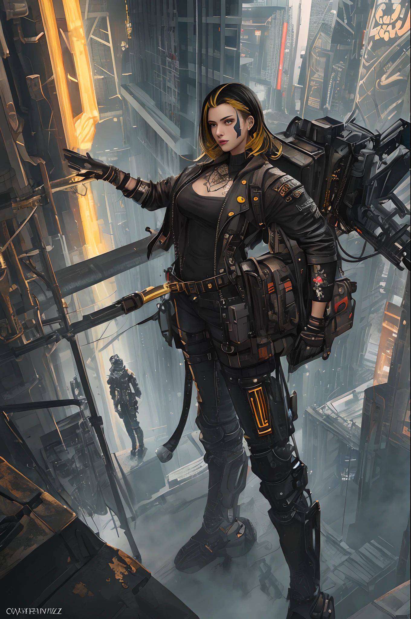 Mech steampunk clothes with short white and yellow hair mexican girl, tattooed, piercing, complex black leather, carbonfiber, battle status, hyper detailed, digital art, Cyberpunk style, cybercinematic lighting, studio quality, smooth render, unreal engine 5 rendered, octane rendered, art style by klimt and nixeu and ian sprigger and wlop and krenz cushart Steampunk