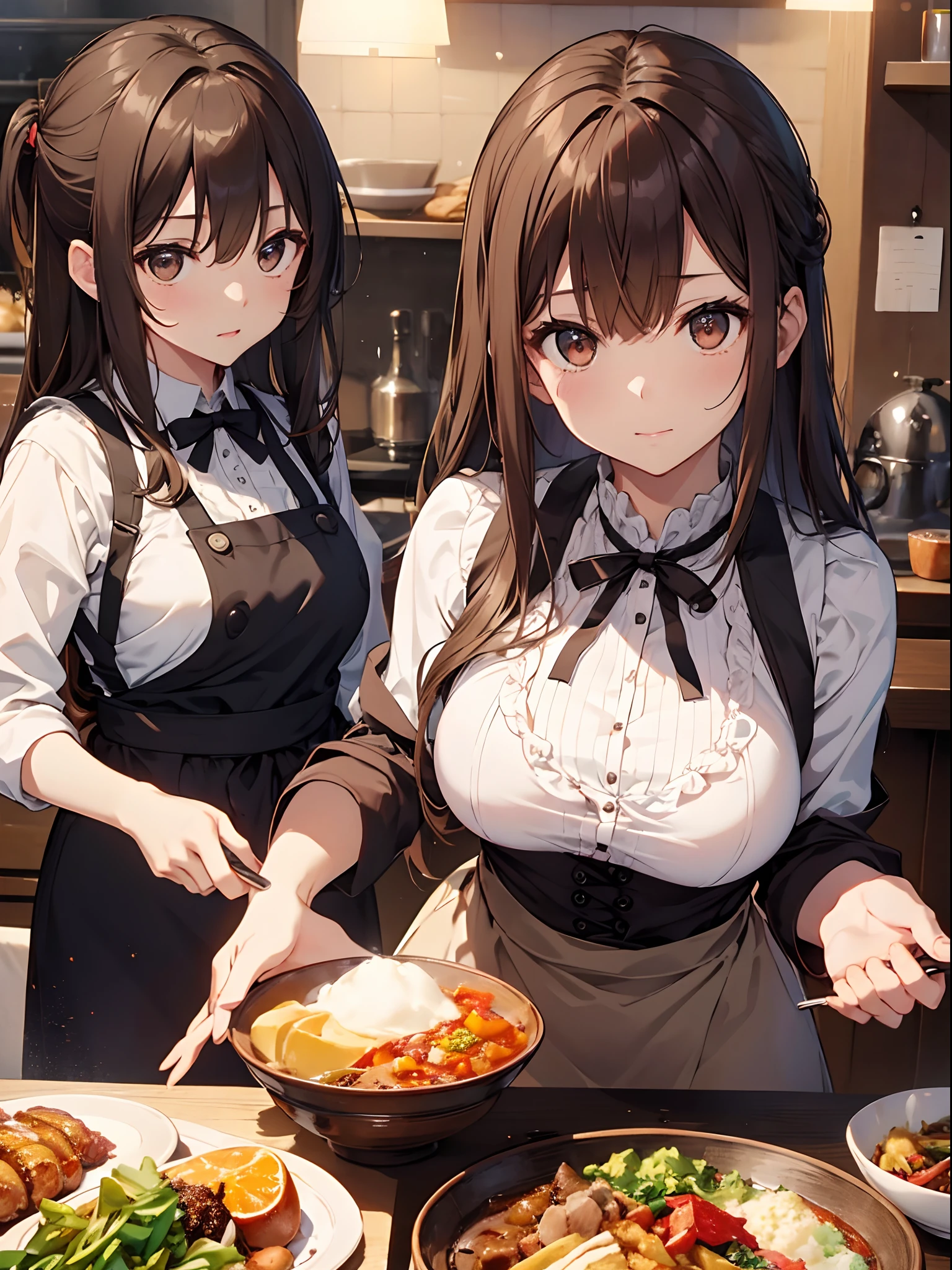 1人の女性、brown haired(Curta)、Brown eyes、 Best Quality、ultra-detailliert、8K resolution、Raw photo、masutepiece、seductive boobs、gorgeous faces、Perfect body、kitchin、In the middle of the meal、pinafore