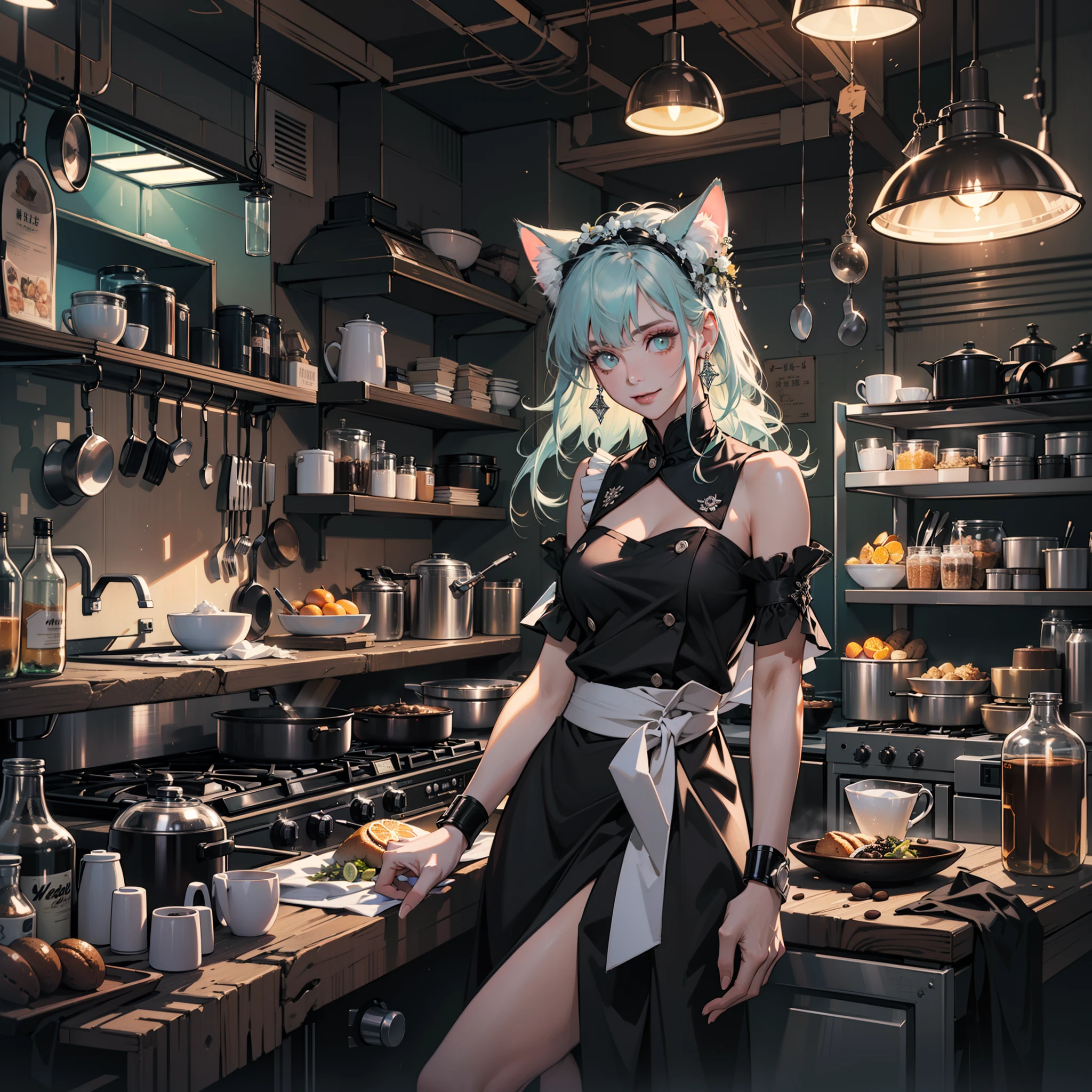 (Best quality, Masterpiece, Ultra-high resolution full screen:1.37), Night Room, Cool color scheme for large open kitchen with coffee and wine, coffee machines, Coffee lockers, Green neon color scheme, Silver hair, Costume of a black chef, Cat ears, Orange and black matching outfits, Professional maid, Cafe beauty, Cyberpunk background, Rich background, Side, Smile, Various carefree poses, Perfect makeup, Love eyes, 8K quality, Cyberpunk, sense of science and technology, Character backlighting, Edge light, Movement changes, Flowing hair, Hair is scattered, Finger number collation, The most beautiful girl in mankind, Wearing a maid's headdress, Luminous accessories, Luminous earrings, Wear delicate accessories, Delicate close-up of the face, Realistic image quality, Super light and shadow, the body is very good, Meticulous, Cooking in the house in the evening, the body is very good, Sexy, luminous, Cool, Very stylish open kitchen, Kitchen at night, Lei Huili, Rich in ingredients, Happy smile,