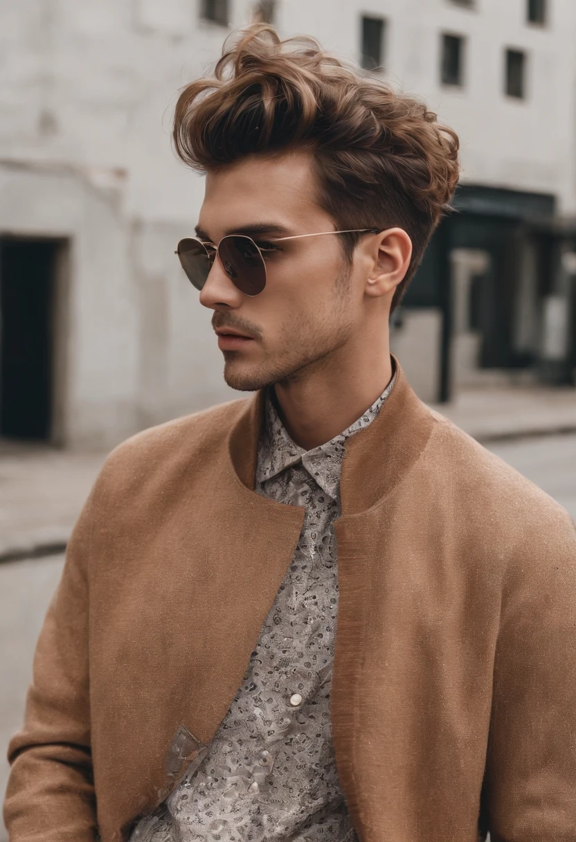 Um homem quase adulto de corpo normal que gosta de desenhar cabelos castanhos longo com luzes de street style Surfwear street, cor da pele caramelo, Mestiza