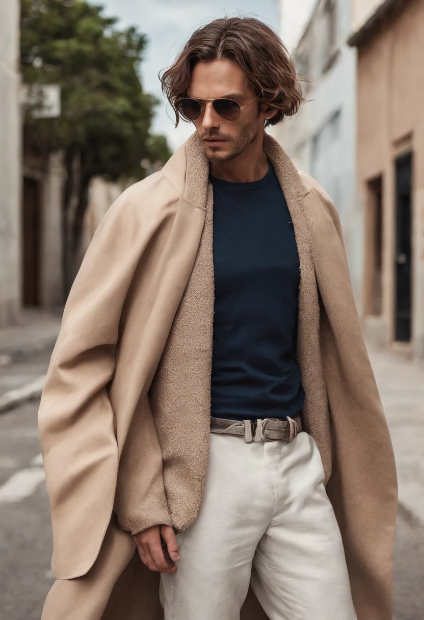 Um homem quase adulto de corpo normal que gosta de desenhar cabelos castanhos longo com luzes de street style Surfwear street, cor da pele caramelo, Mestiza