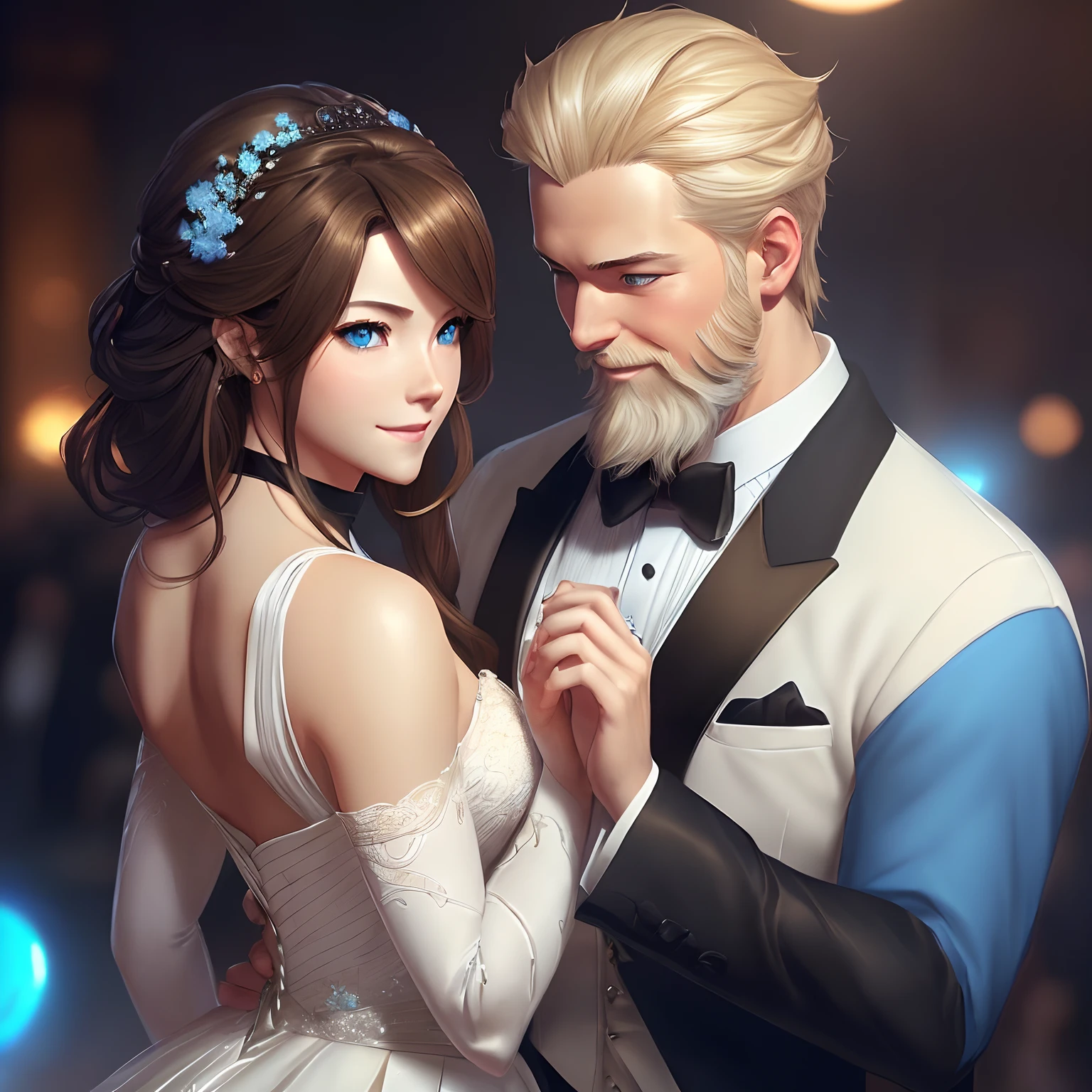 A smiling couple dancing looking at each other, Realistic female with ((brown hair wearing a white wedding dress), Realistic male with ((blonde hair style with a beard and blue eyes wearing a black tuxedo)), standing in a ballroom, full body view, rear view, photorealistic, High resolution, ((perfect hand)), ((perfect face)), hair with many details, 8k artgerm bokeh, fanart best artstation, render photorealistic, guweiz-style art, inspired by WLOP, ig model | artgerm, detailed, stunning portrait of realistic face, beautiful, deviantart artstation cgscosiety