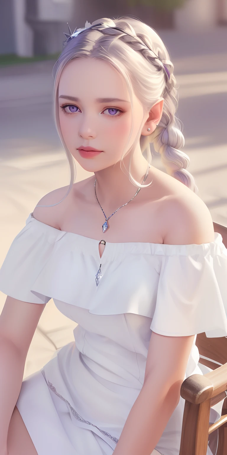 best quality,highly detailed,masterpiece,ultra-detailed,(realistic:1.2), 1girl,(white background),simple background,Delicate eyes,silver hair, purple eyes,hair_ornament,(white off-shoulder shirt:1.3),long hair,pointy_ears,crown_braid,expressionless,Straight hair,(++sitting:1.2), large breasts,